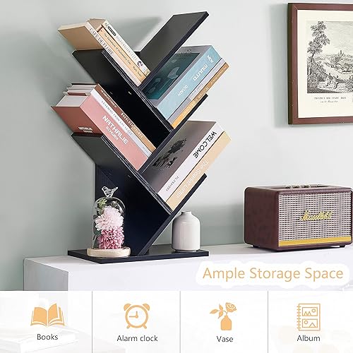 Miniatura 4 de Hoctieon Estantería de árbol de 4 niveles, estantería de 4 estantes, estantería de árbol de pie independiente, estante de pie para libros, estantes