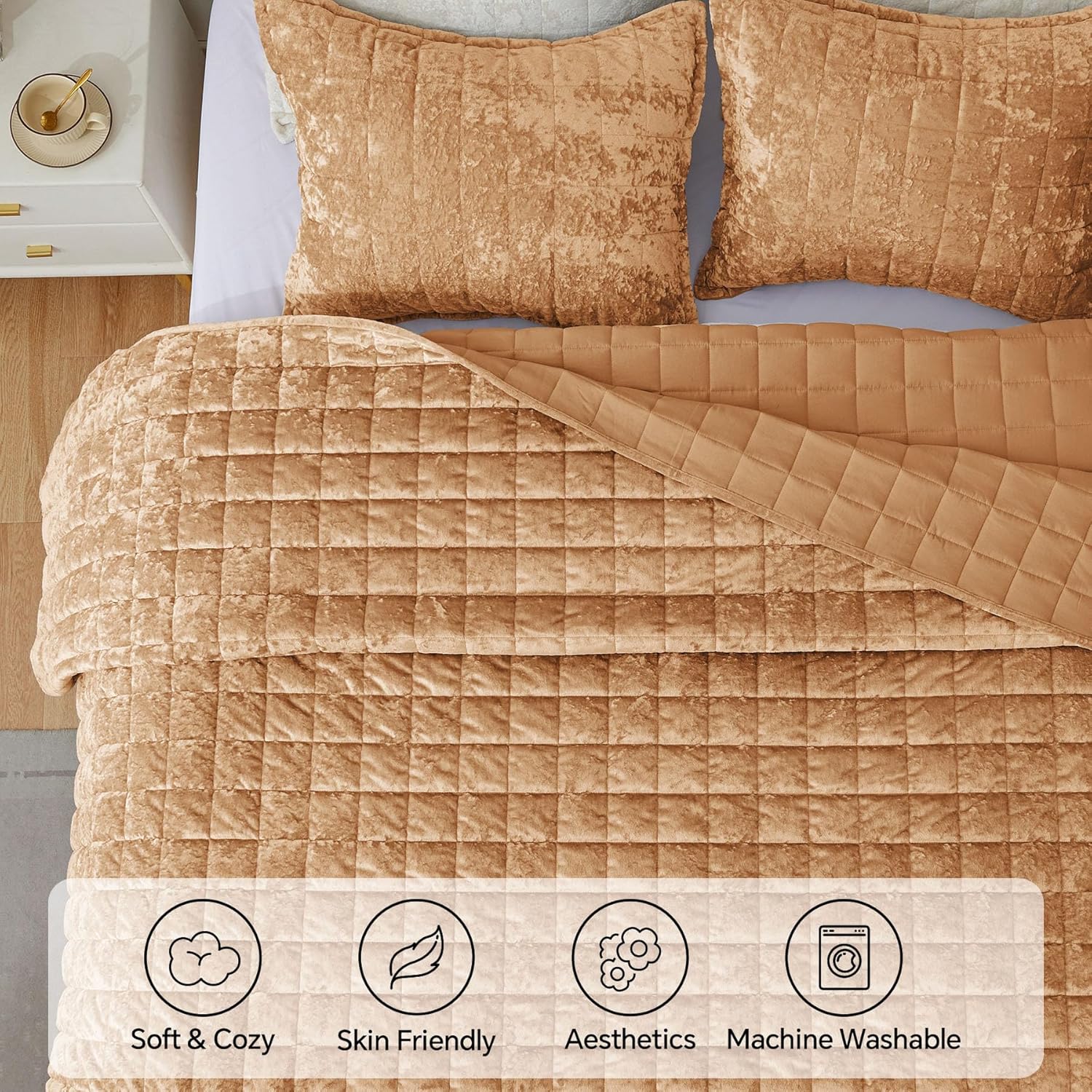 BEDELITE Velvet Quilt Set King Size - Luxury Velvet Comforter Bedding Set 3 Pieces, Soft Cozy Shiny Rusty Burnt Orange Oversized Bedspread Coverlet for All Seasons with 2 Pillow Shams - Image 4