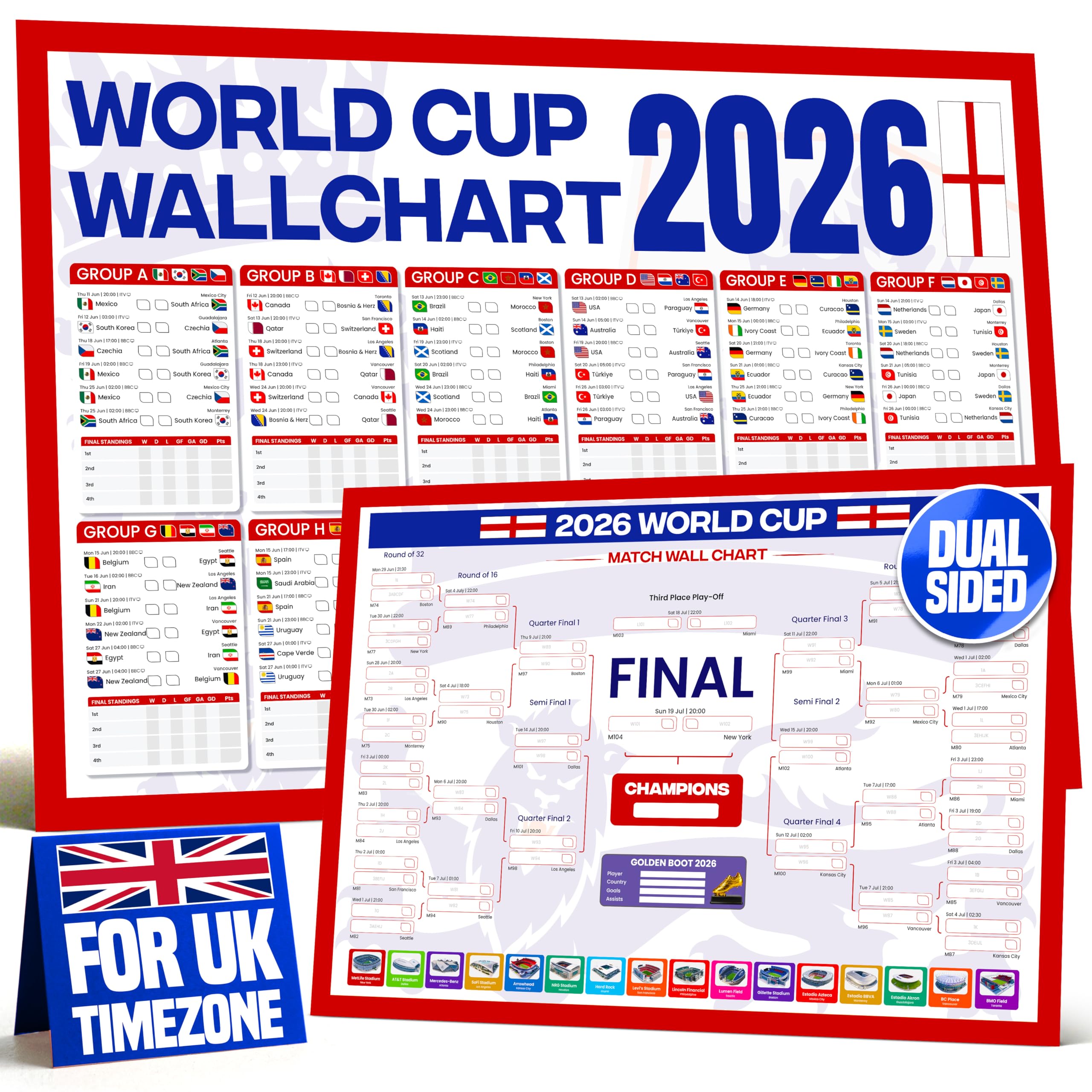 World Cup Wall Chart 2026 | A1 Size 2026 World Cup Football Poster with UK Fixtures, Dates, Kick Off Times, Stadiums & Host Cities | Sweepstake & Prediction Chart