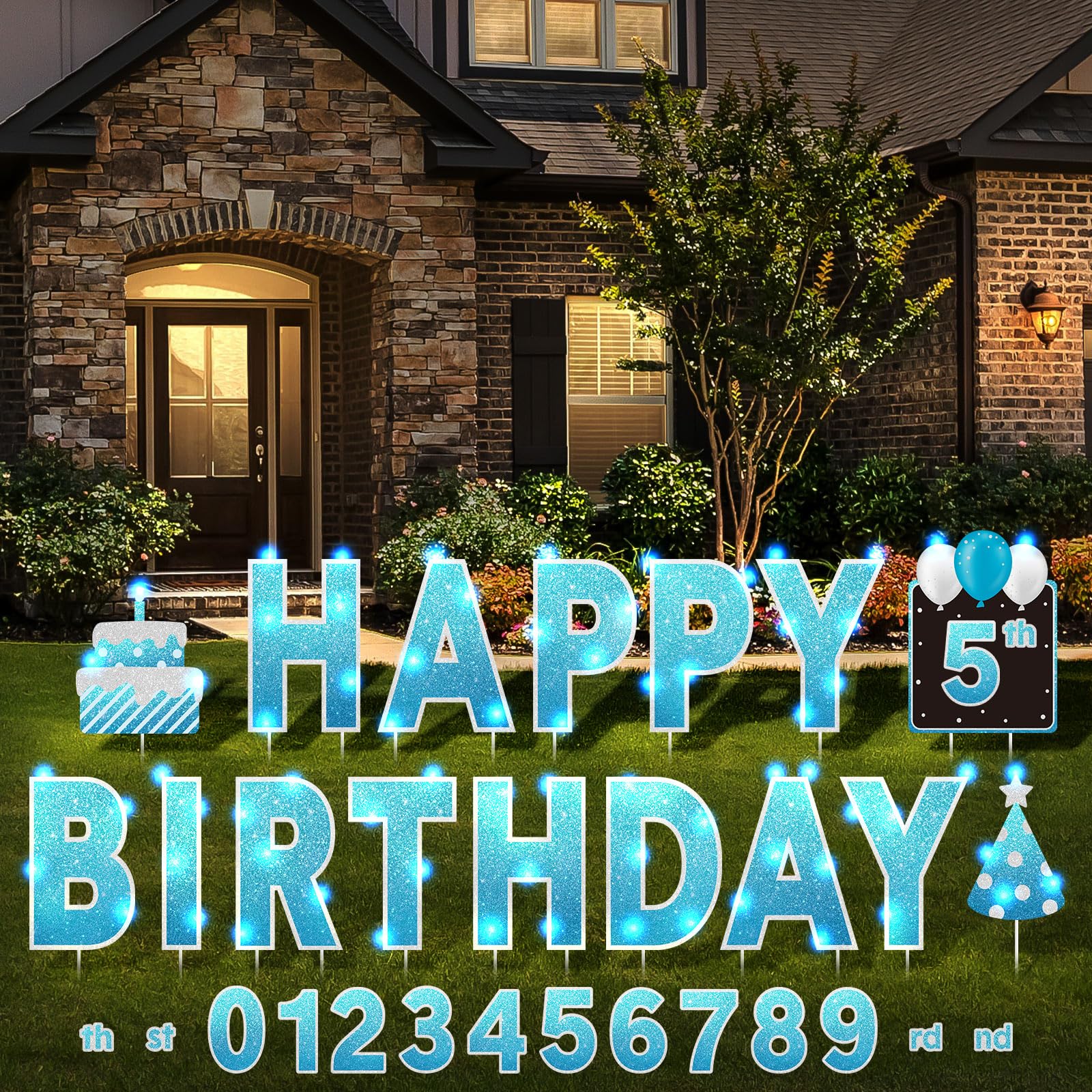 Yerliker 16 Pcs Happy Birthday Yard Signs with Stakes, 32.8 ft LED Lights, 42 Pcs Number Stickers, 13.4 Inch Letters Signs for Birthday Party Supplies