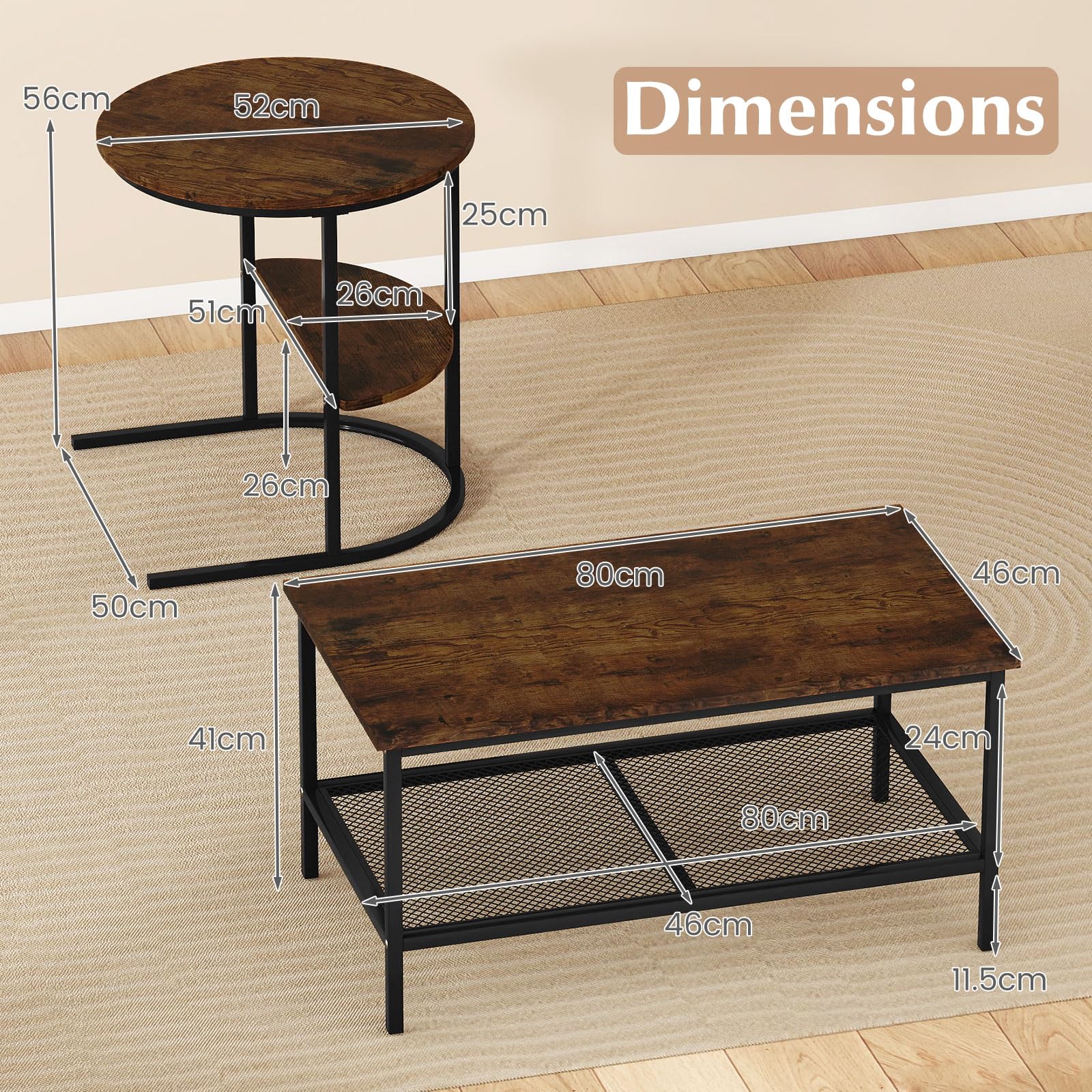 FANTASK 2er Set Couchtisch, Sofatisch Marmor Optik mit Metallrahmen, Wohnzimmertisch mit Ablage, Kaffeetisch, Beistelltisch für Wohnzimmer, Schlafzimmer (Rustikales Braun)