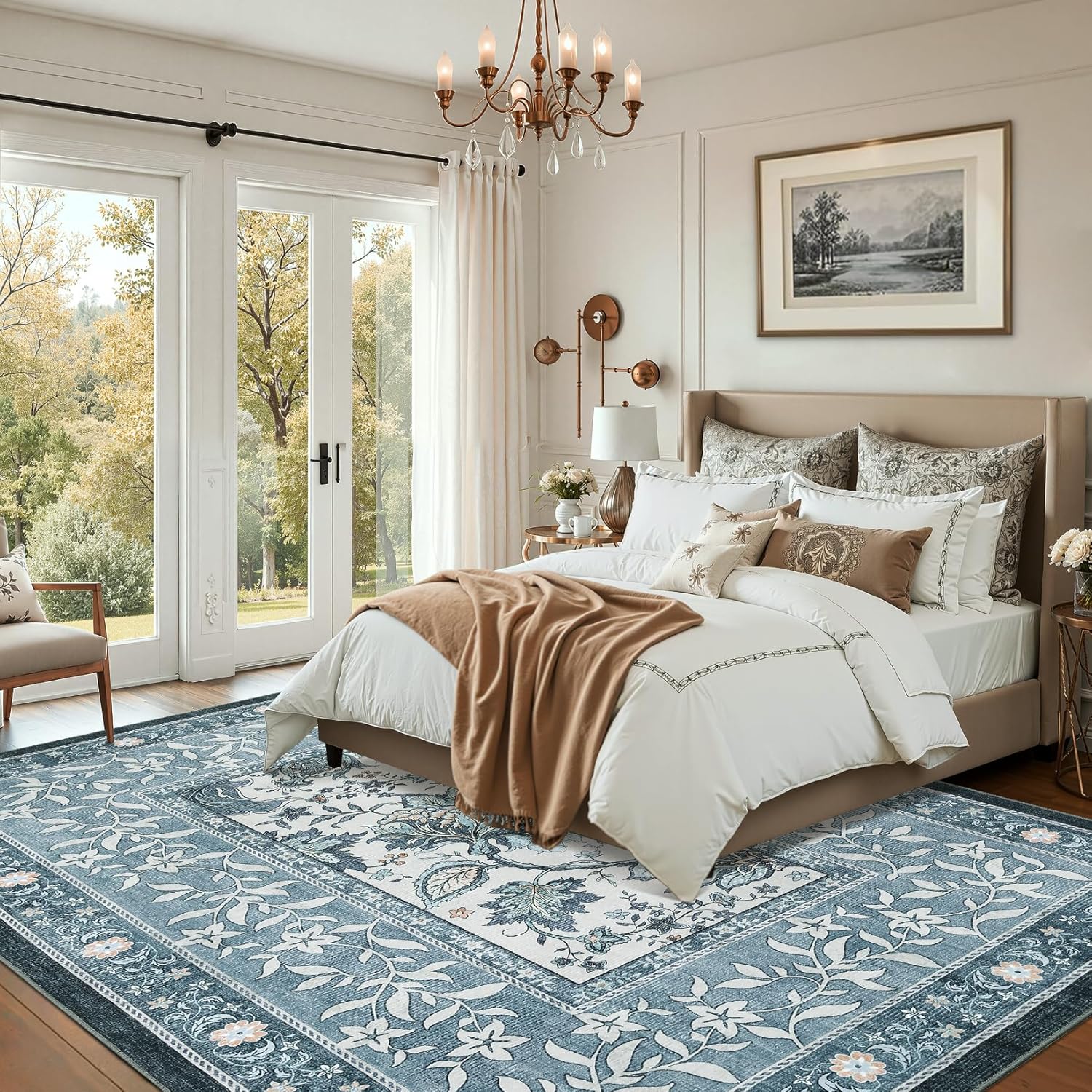 garveehome provence 8x10 area rugs for living room, botanical grove retro blue cottagecore washable rug for bedroom dining nursery low-pile vintage large carpet oriental misty blue 8' x 10' (rectangular)