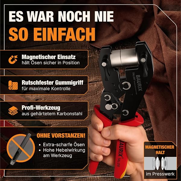 BAURIX® Ösenzange für Planen inkl 200 rostfreie Ösen (Ø 10mm) für PVC, Stoff, Leder – Ohne Vorstanzen – Hält Ösen magnetisch – Karbonstahl-Werkzeug – ideal für Schneider, Heimwerker & Bastler – TALOS - 5