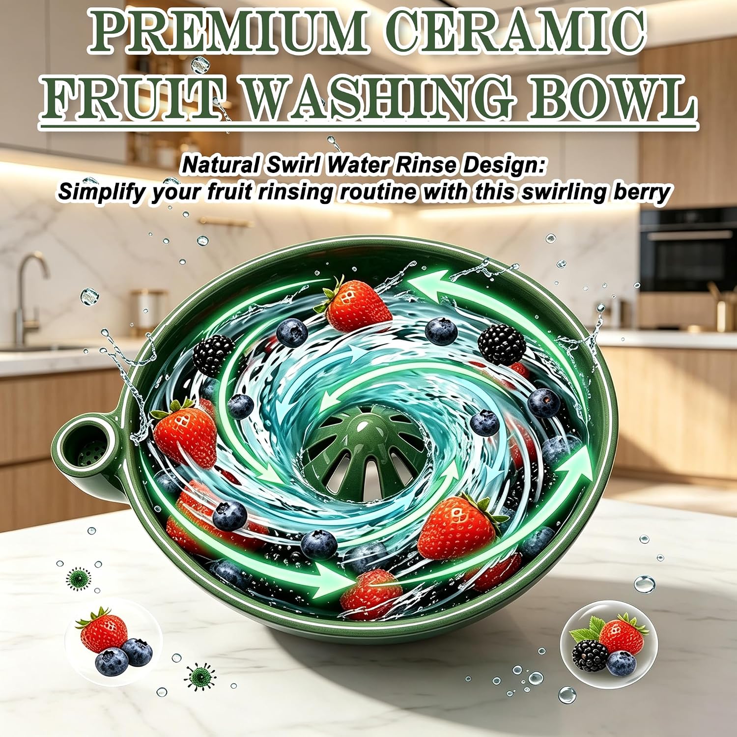 Ceramic Berry Washing Bowl, Self-Spinning Fruit Washer with Drain Holes