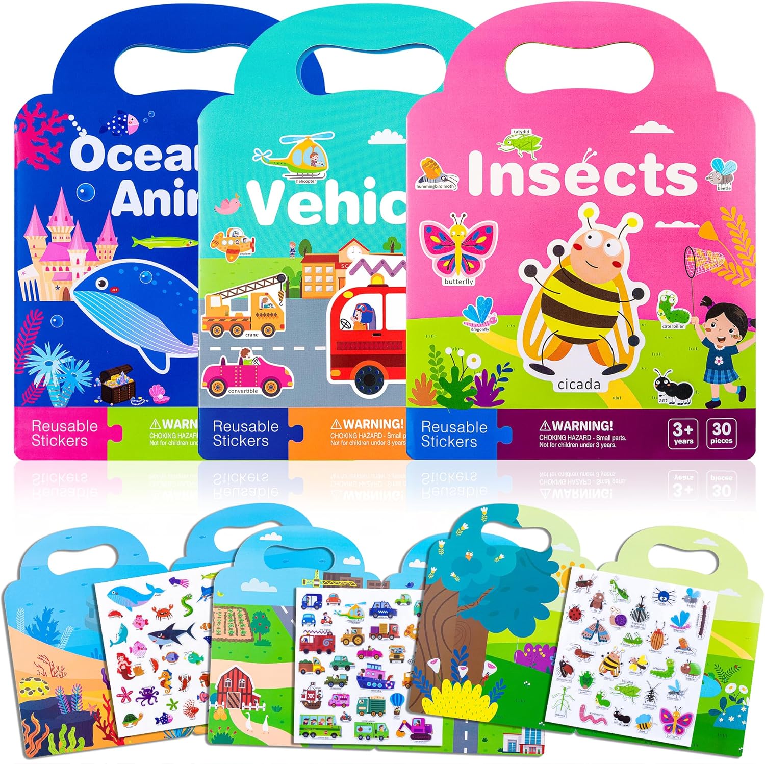 Reusable Sticker Book for Kids, 3 Sets Themed Activity Books with Puffy Stickers for