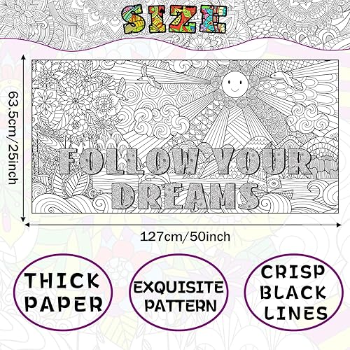 Miniatura 2 de Naozinebi Pósteres de mandala gigante para colorear, grandes carteles motivacionales para colorear con texto en inglés "Follow Your Dreams", mantel