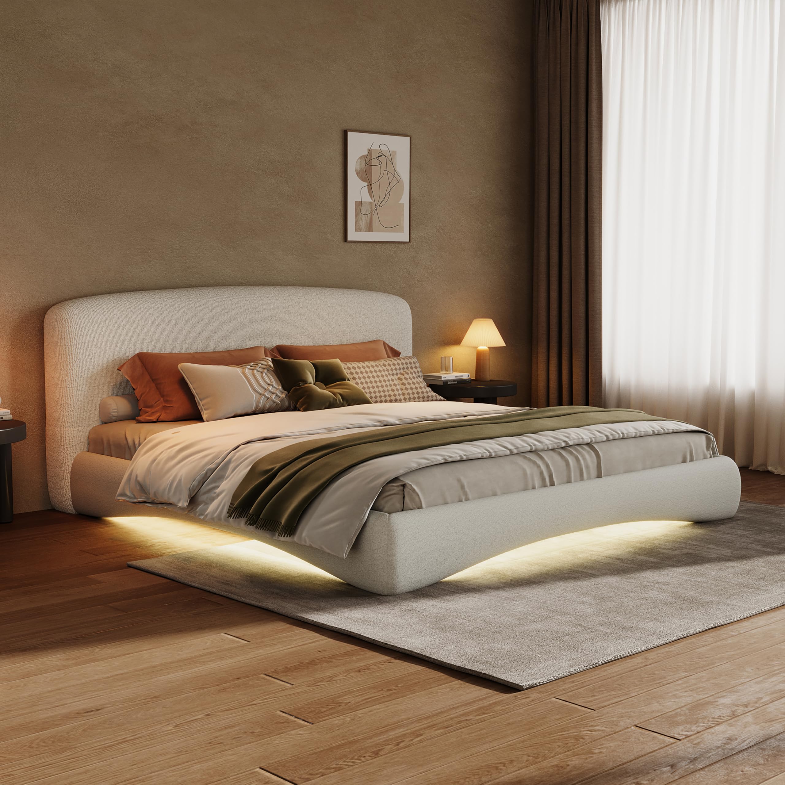 Photo 1 of *** BOX 2 OF 2 - MISSING PIECES -SELLING AS IS *** Merax Queen Size Curved Upholstered Platform Bed with Smart RGB Ambient Lighting, Cream Boucle Fabric Headboard, High Weight Capacity, Modern Bedroom Furniture, Cream