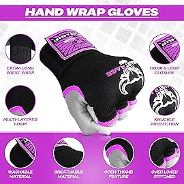 BEAST RAGE Inner Gloves with Hand Wraps Quick Wrap Long 36 Wrist Support MMA Muay Thai Bandages Punching Martial Arts Training Men Women Kickboxing Bandages Under Bag Gloves (Purple, S (Adult))