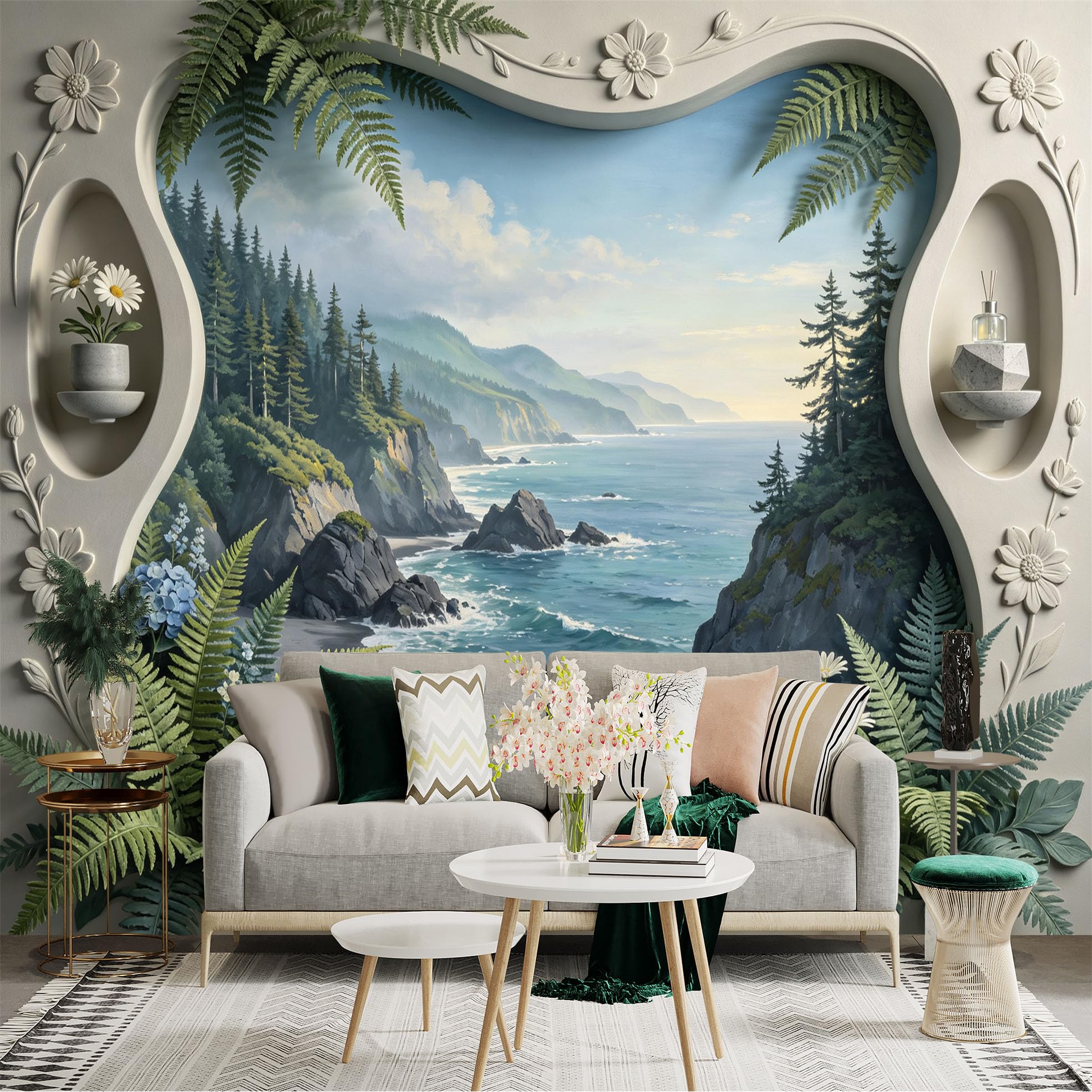 Lnzczhyre Bh260719583 Custom Size Wall Sticker Mural， Coastal Cliff View， Ocean Scenery， White Flower Frame， Tropical Ferns， For Wall Decoration， Peelandstick Wall Decals.