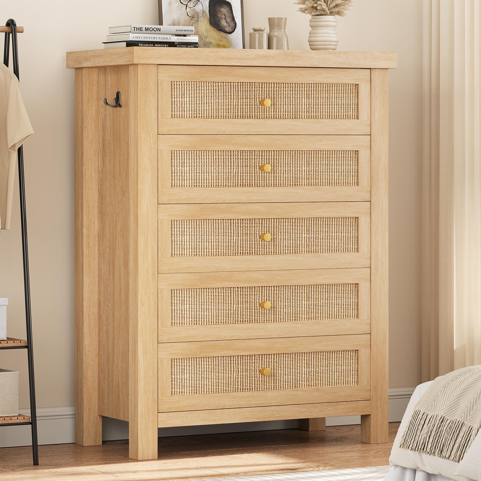 boho tall dresser Natural Rattan for Bedroom with 5 Drawers, Wood Chest of Drawers with Gold Metal Handle, Matte Top Bedroom Dresser with Large Drawers for Living Room, Closet, Hallway, (Nartual) inspired elegance to your Confirmation drerss Women's Black Sequined A-line Size:ps (4P/6P)