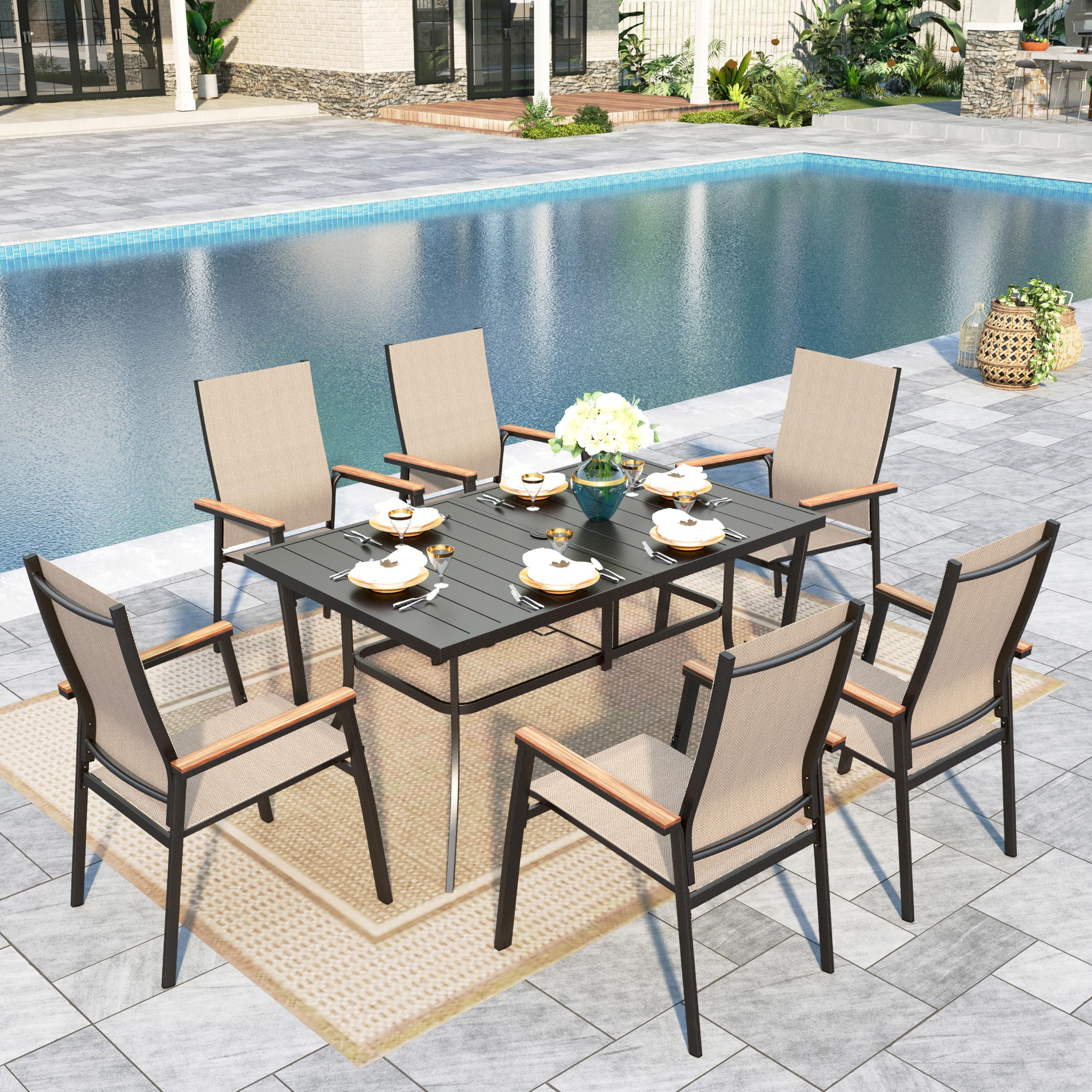 Sophia &amp; William Patio Dining Set, Metal Table w/ 6 Beige Aluminum Chairs