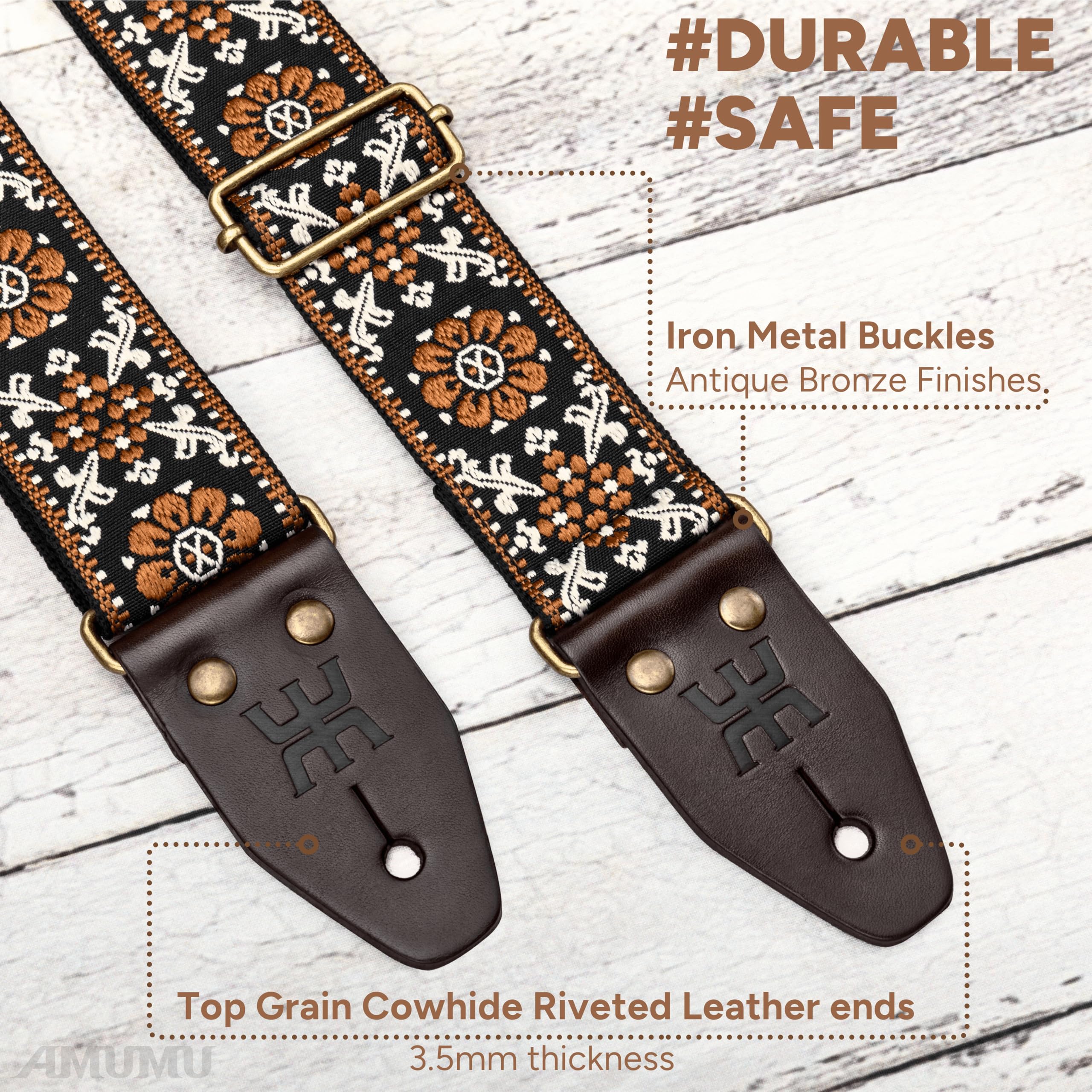Amumu Brown Lucky Flower Embroidery Guitar Strap, Vintage Style with Top Grain Cowhide Leather Ends & Pick Pocket, Fits Bass - Image 3