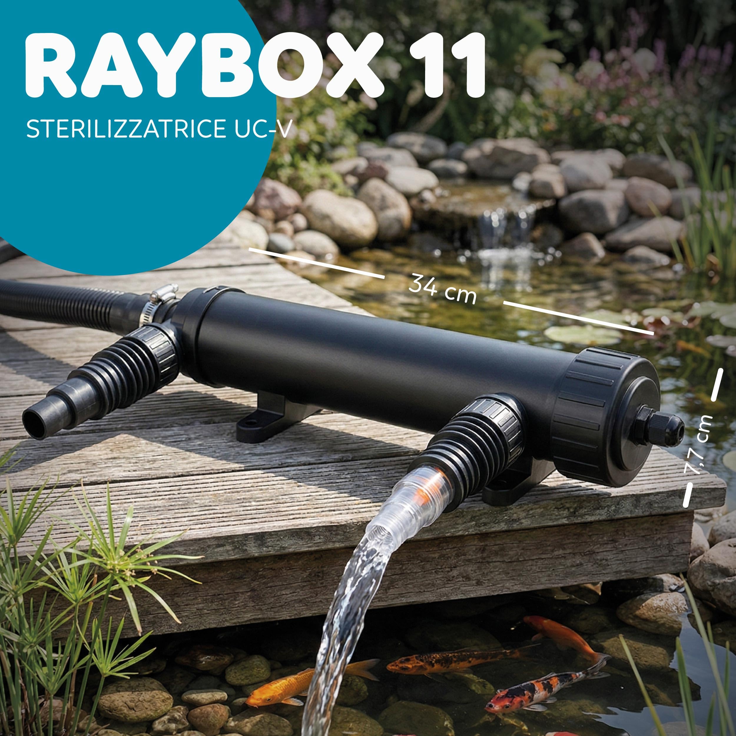 AQPOND sterylizator UV do stawu - oczyszczacz UV-C do kontroli glonów i wody zielonej - system sterylizacji stawów, stawów i fontann ogrodowych, 1700 lt/h, 11 W