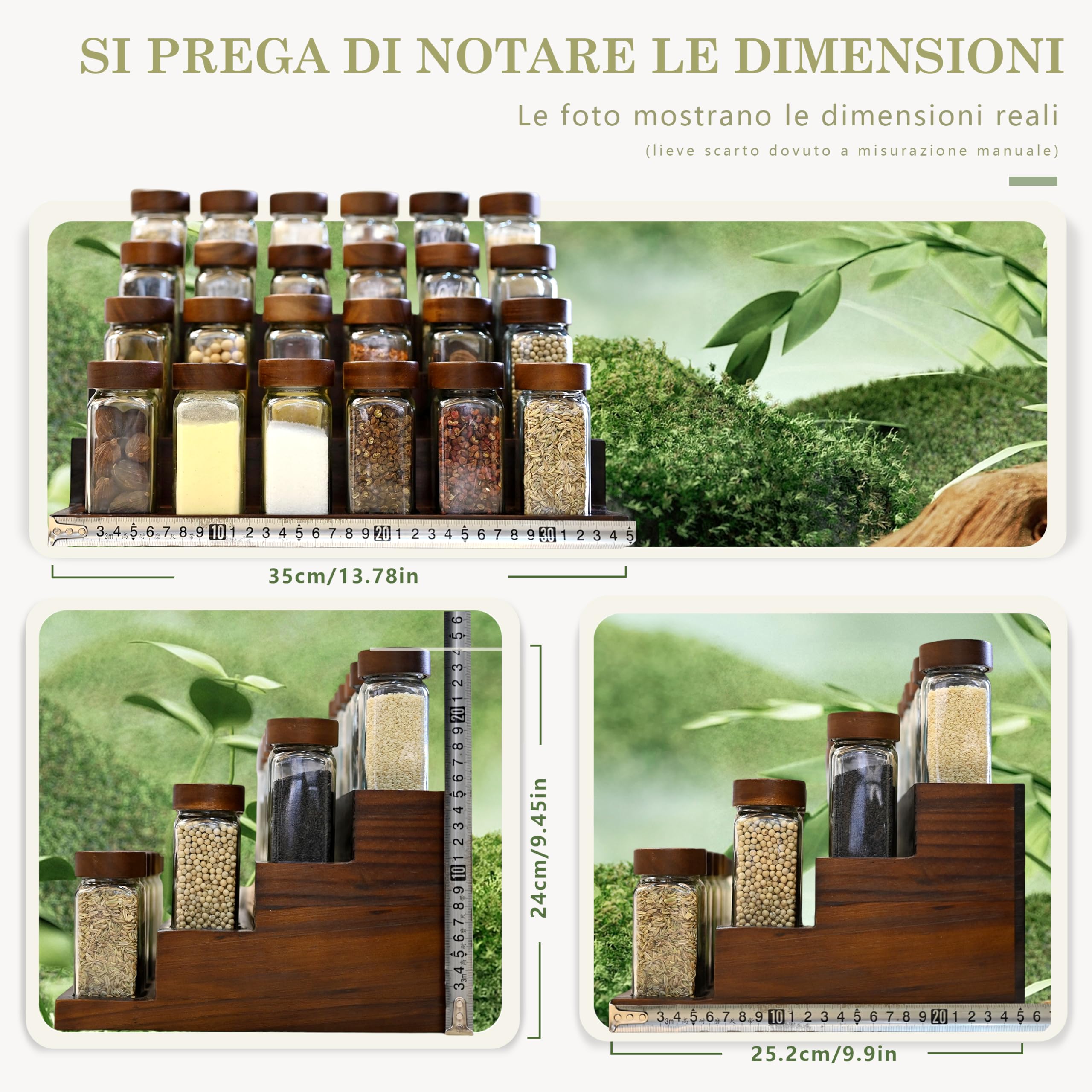 SAEIV 24 Barattoli Legno di Acacia Vetro Borosilicato Non Bruci Più la Pasta, Porta Spezie per Cucina Salva Spazio, Portaspezie Salvaspazio Piano e Cassetto con Imbuto Inox e 120 Etichettec