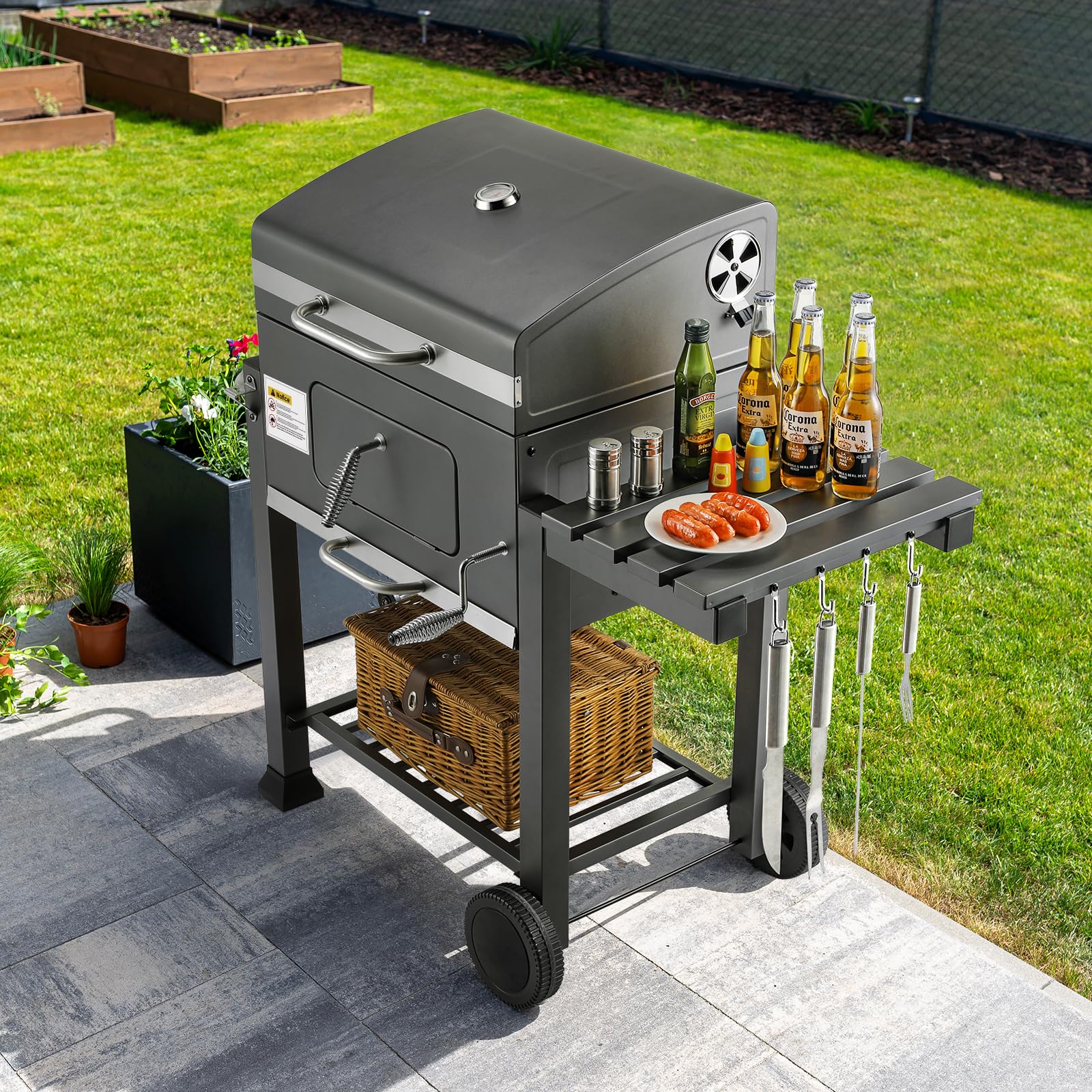 Barbecue Charbon de Bois XL, Chariot à Barbecue, Grill XL à Charbon avec Couvercle, 2PCS Roues, Thermomètre, Réglable en Hauteur, Grand Barbecue au Charbon de Bois, pour Camping et Jardin, Gris