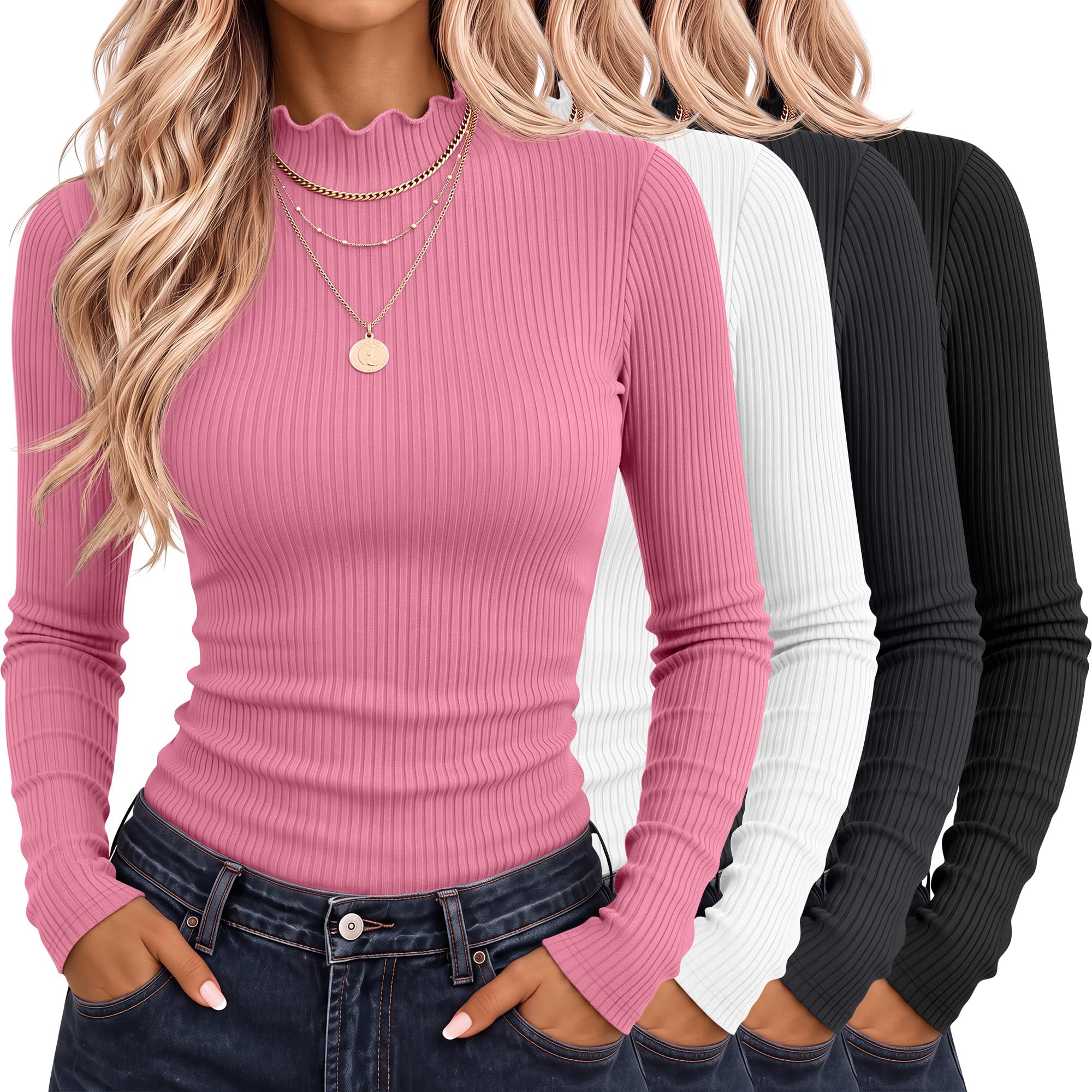 Riyiper 4 Pack Womens Cotton Mockneck Ribbed Long Sleeve Tops