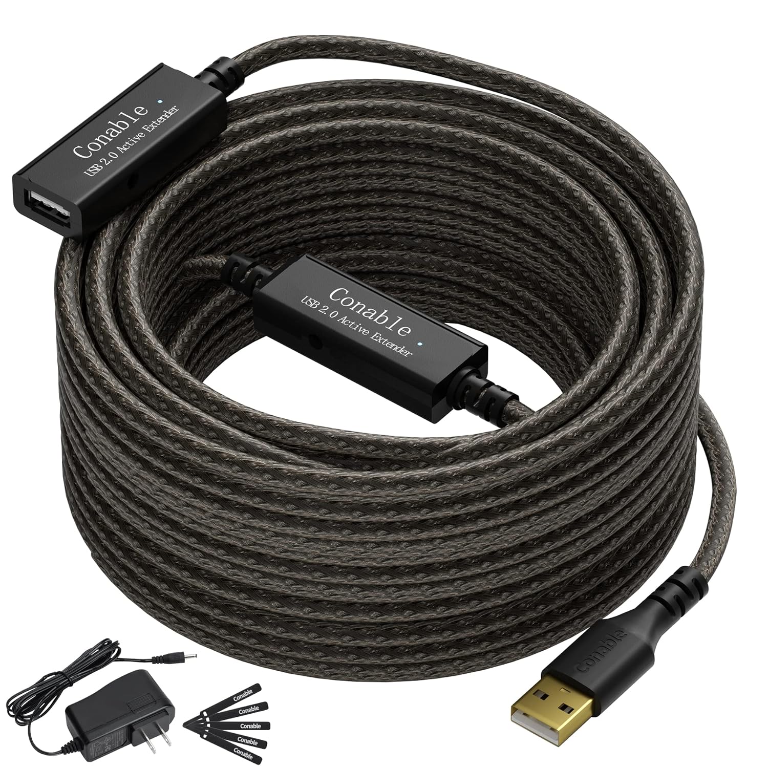 Active USB Extension Cable 100 Feet, USB 2.0 A Male to Female Repeater Cord, with 2 Extension Chipsets Signal Booster, 22AWG Tinned Pure Copper, (AC Power Supply Included) Active 100FT
