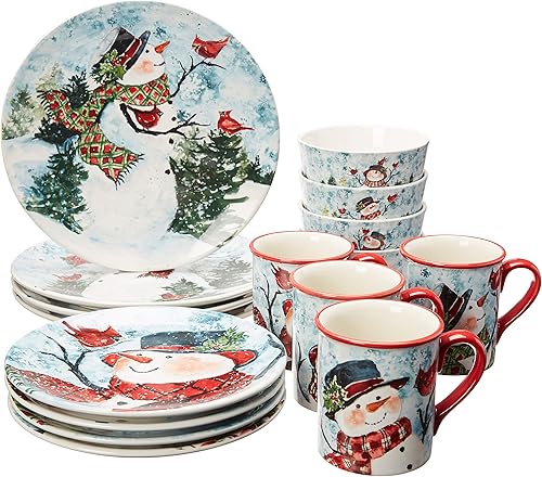 Miniatura 1 de Juego de vajilla de 16 piezas con diseño de muñeco de nieve de acuarela, servicio