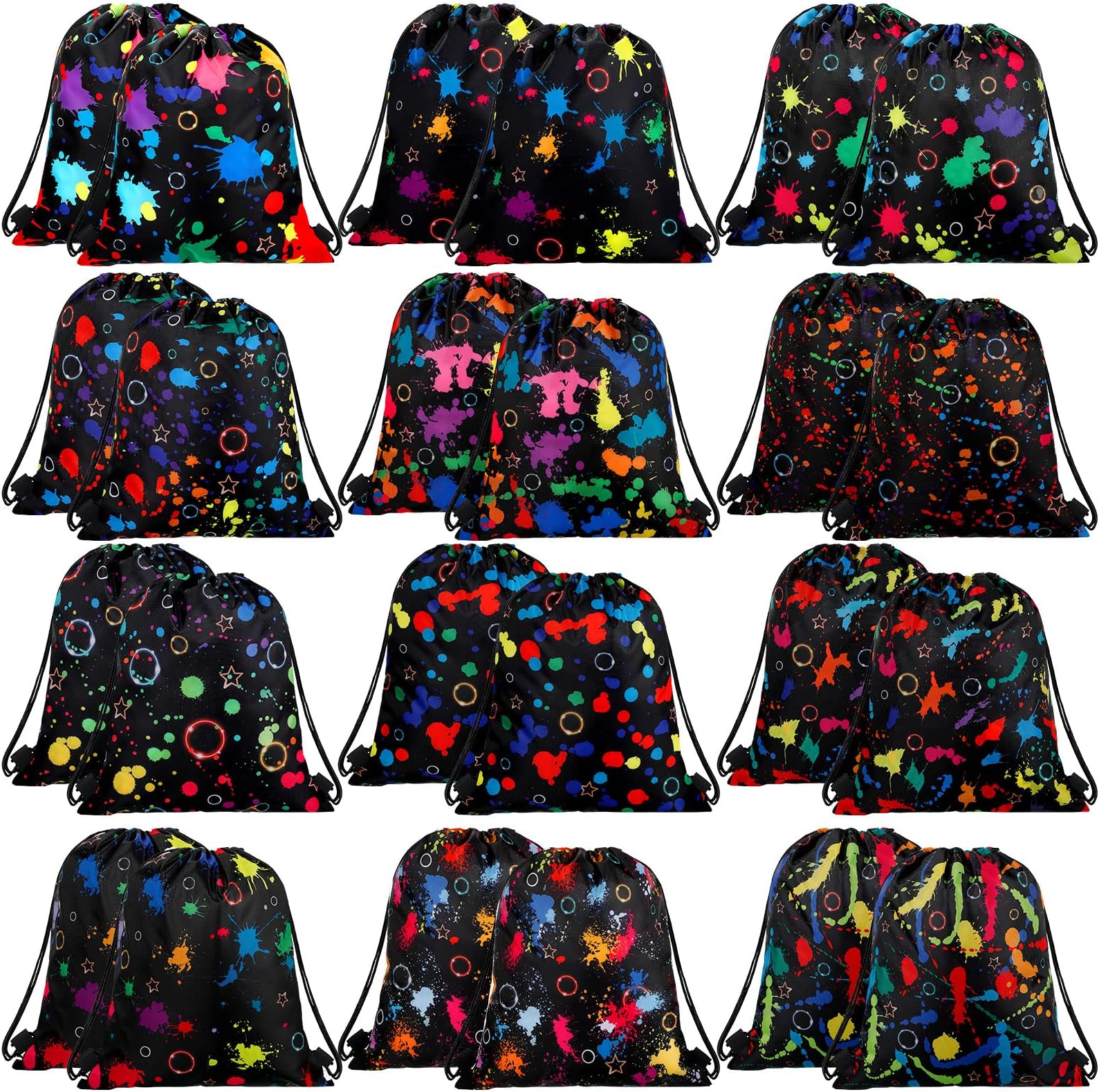 24 Pieces Glow Party Drawstring Bags Kids Neon Birthday Party Gift Bag Backpack Candy Goodie Favor Bags for Glow in Dark Party Decoration Supplies