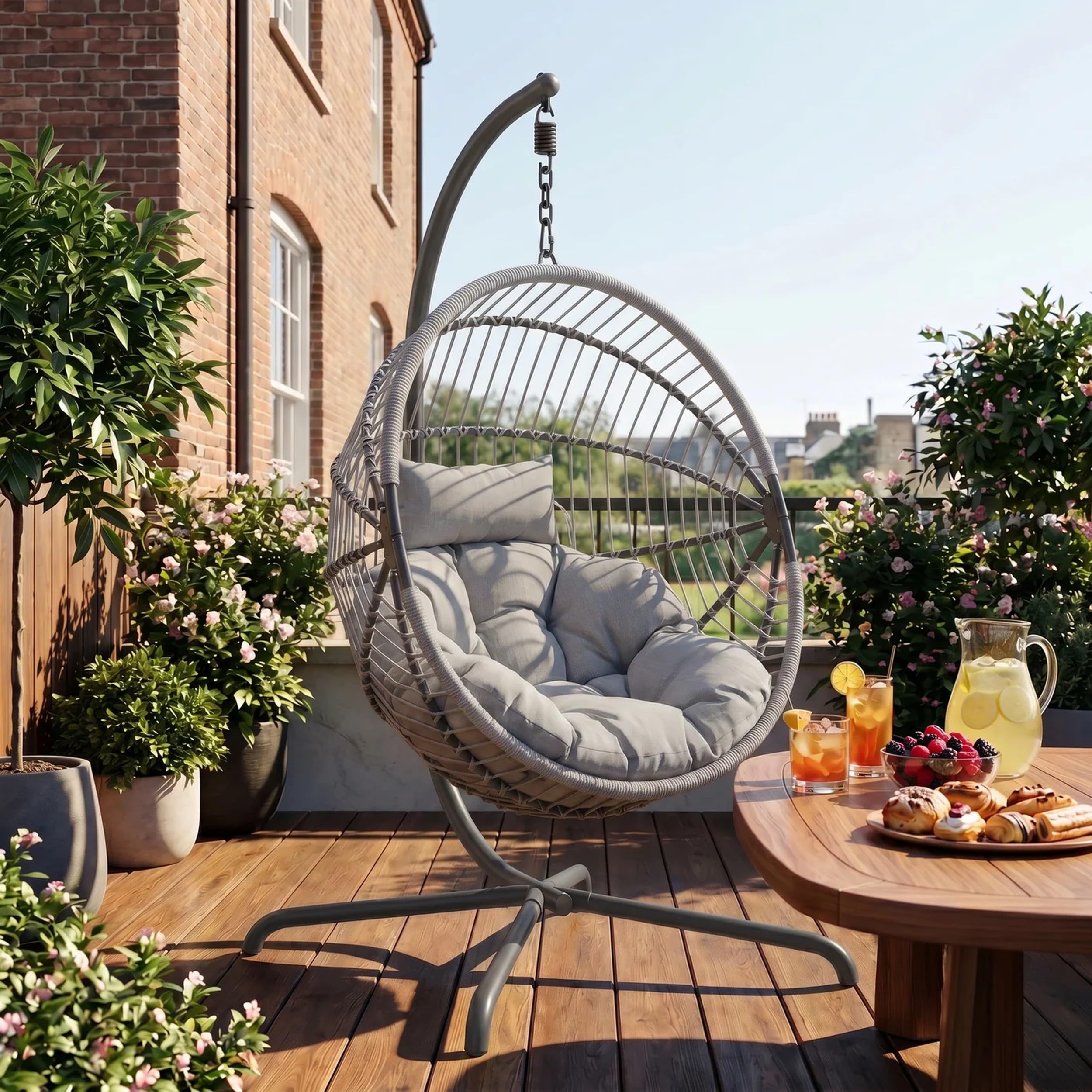 Blisswood Rattan Hanging Egg Chair with Cushion & Stand – Indoor & Outdoor Swing Chair for Garden, Patio or Balcony – Foldable Wicker Pod Chairs – Supports Up to 150kg (Light Grey)