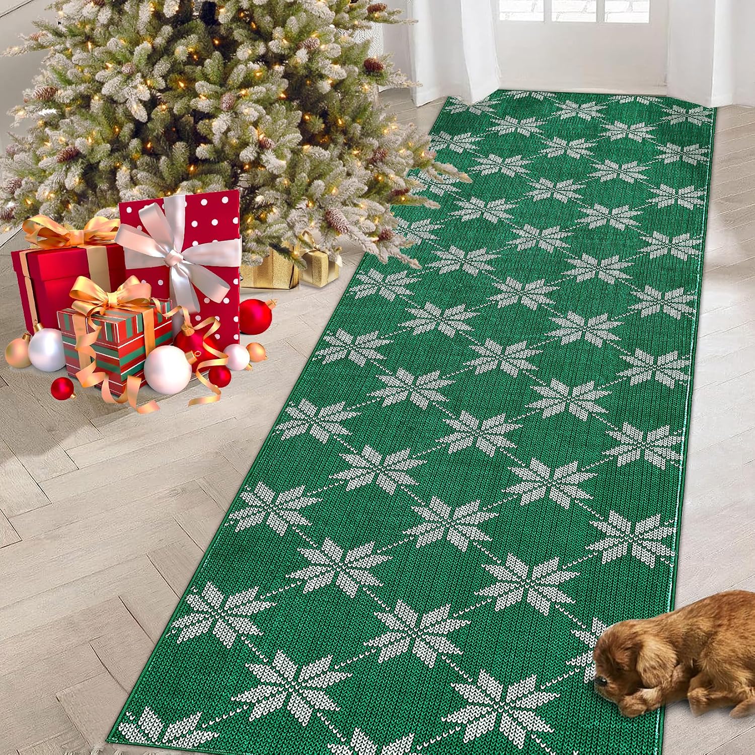 GarveeHome Christmas Area Rug 2x6 Runner Rugs Machine Washable Hallway Rugs Low Pile Carpet Checkered Plaid Green Non-Slip Indoor Door Mat Rug for Bedroom Kitchen Entryway Bathroom