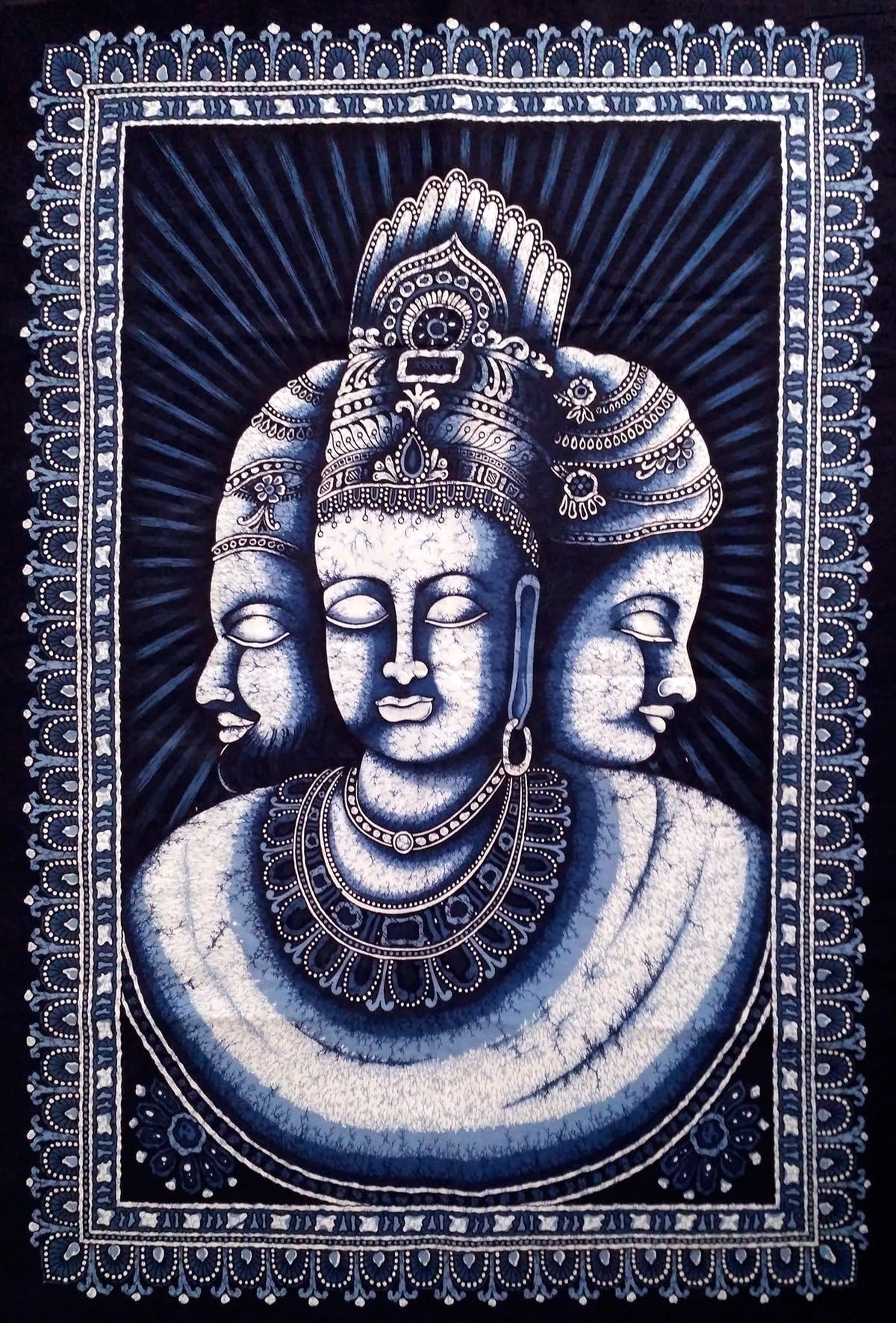 Rainbow handicraft Lord Brahma Vishnu & Shiva Indian Trinity batik wall hanging trimurti tapestry 41" X 31" blue