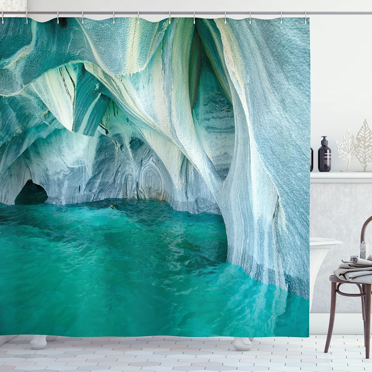 Ambesonne Nature Shower Curtain, Natural Marble Cave at European Mediterranean Lake Geologic Eroded Art Photo, Cloth Fabric Bathroom Decor Set with Hooks, 69" W x 70" L, Turquoise Grey