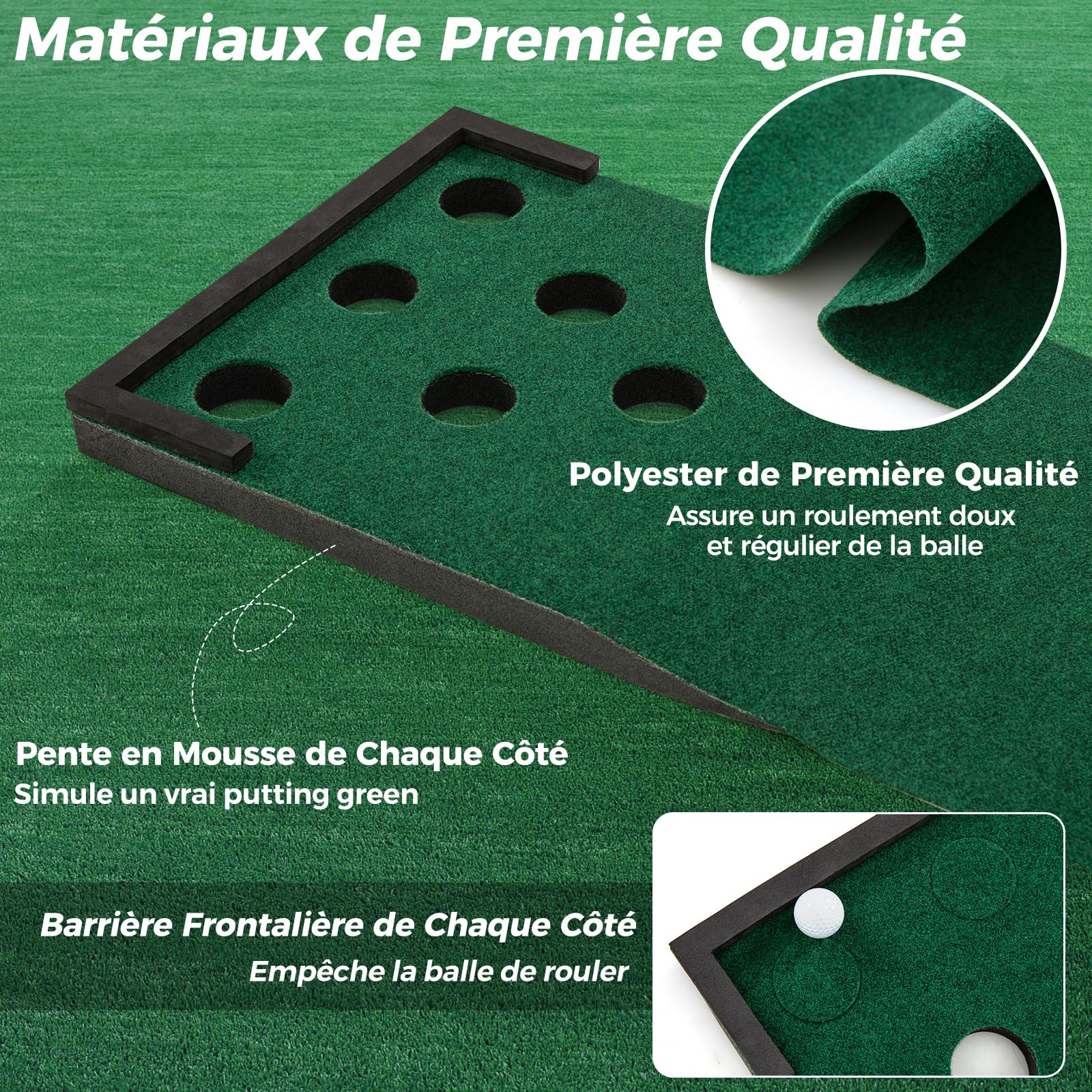COSTWAY Tapis de Putting Entraînement Golf, Golf Putting avec 2 Putters Ajustables, 6 Balles et 12 Couvercles de Trous pour Fête, Tapis d'Entraînement pour Intérieur/Extérieur