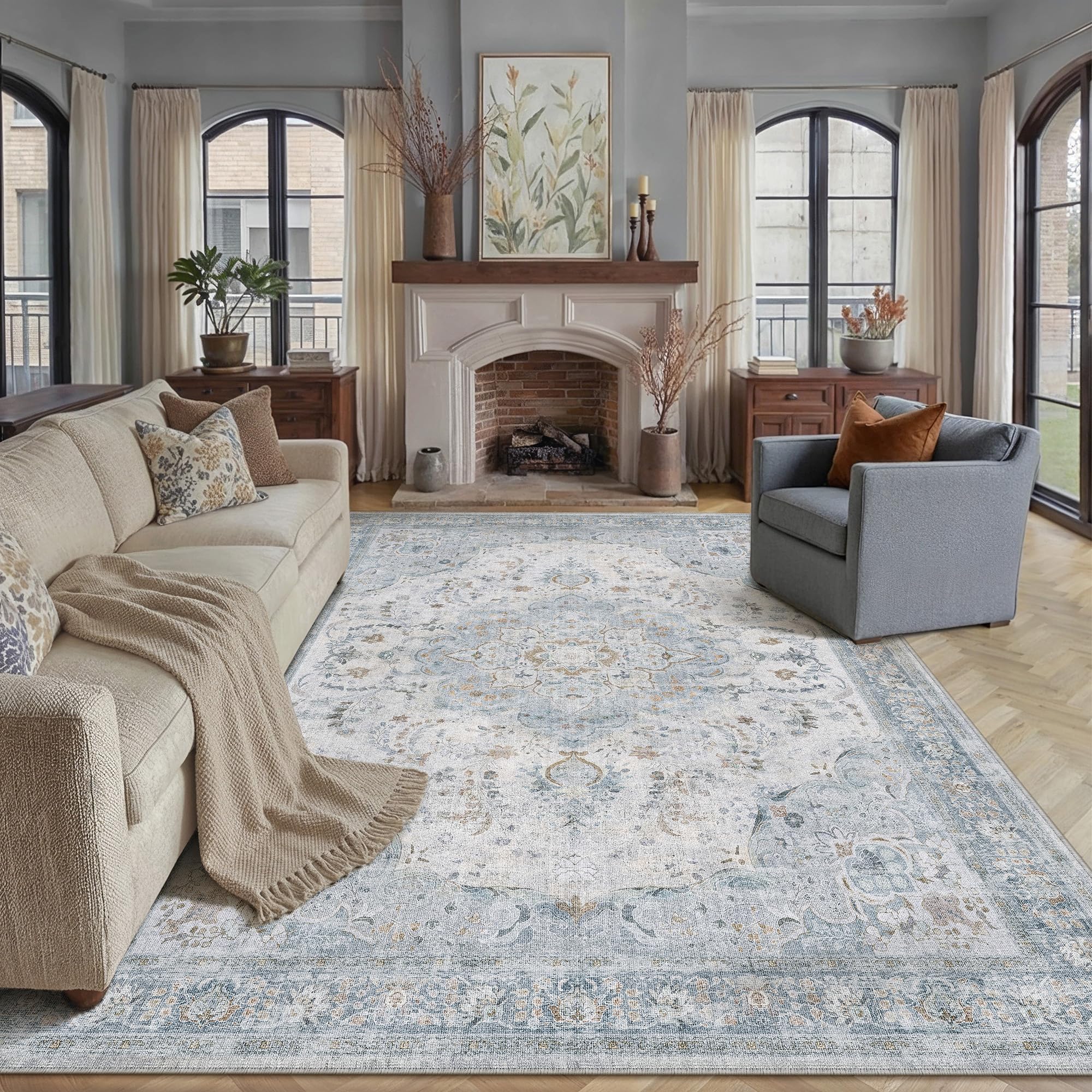 PureCozy Vintage Rugs Living Room Large Washable 200x300cm Carpet Blue Non Slip Area Rug for Kids Bedroom Bedside Nursery Playroom Lounge Office Indoor Low Pile Carpets