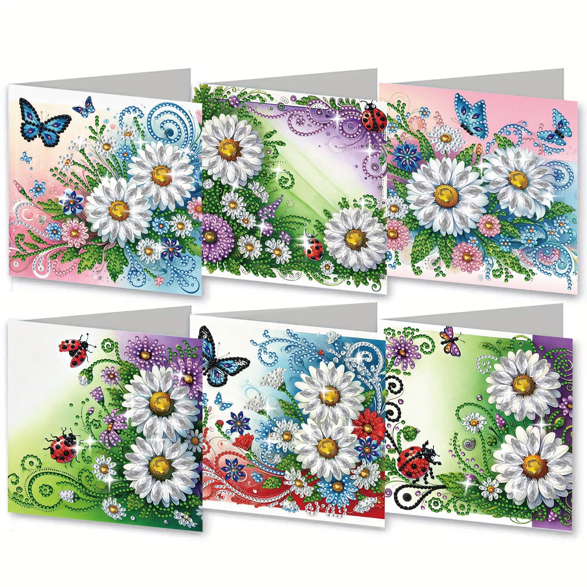 CustmArti Diamond Art Painting DIY Holiday Greeting Card Creative Blessing Folding Six-Pack Stationery Ornament Handmade Present Embroidery-Flowers