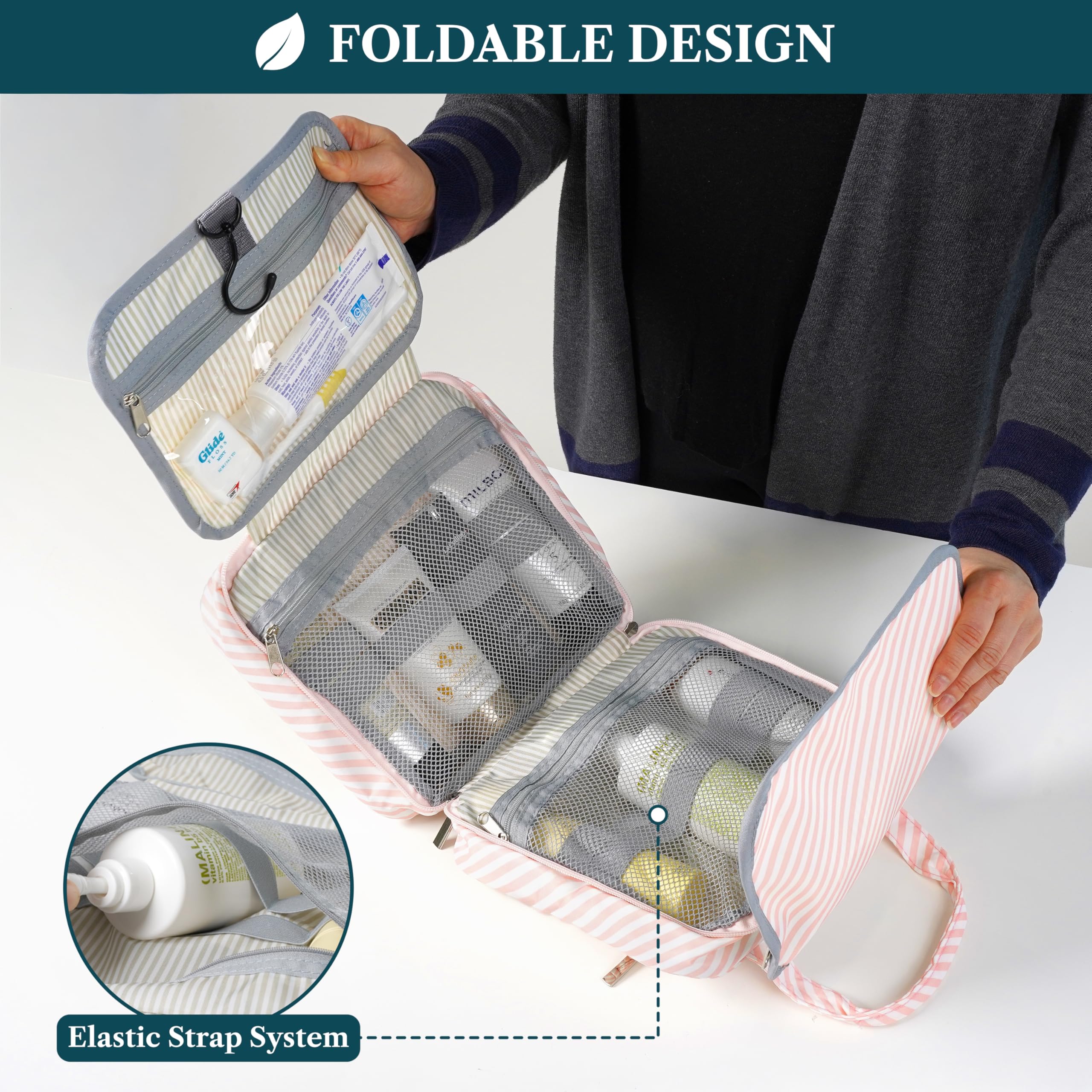 PAVILIA Neceser colgante de viaje para mujeres y hombres, organizador de cosméticos plegable, resistente al agua, accesorios de tocador, kit de artículos de tocador grande, Raya rosa, Talla única