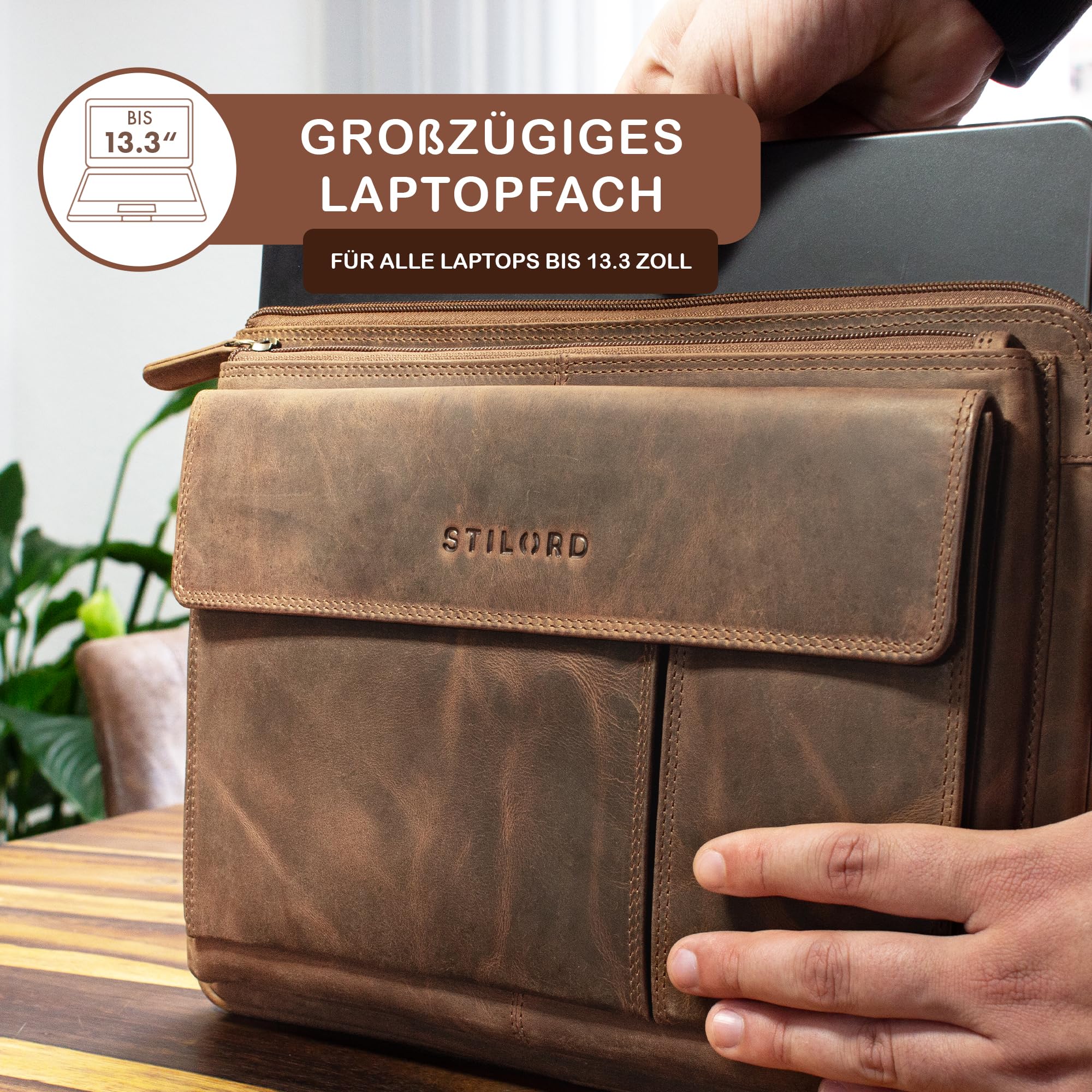 STILORD Arbeitsmappe A4 aus Leder braun - 13,3 Zoll Konferenzmappe - Vintage Dokumententasche - Aktenmappe aus Echtleder Dalton