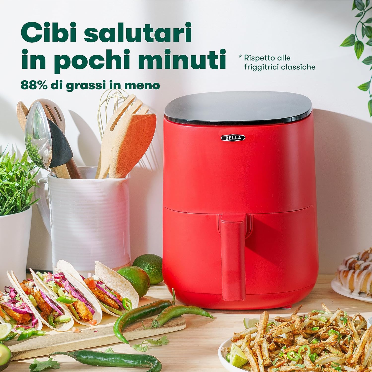 Friggitrice ad aria BELLA Touchscreen da 2,7 L, frittura senza olio, cestello antiaderente e griglia di cottura rimovibili e lavabili in lavastoviglie, rosso opaco