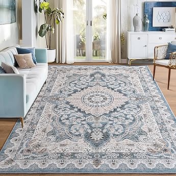 GAOMON Braided Rug 6x9 Washable Rug Braided Print Accent Rug Vintage Living Room Rug Low Pile Non Slip Indoor Carpet Non-Shedding Aesthetic Foldable Rug for Bedroom Farmhouse Office Nursery Blue