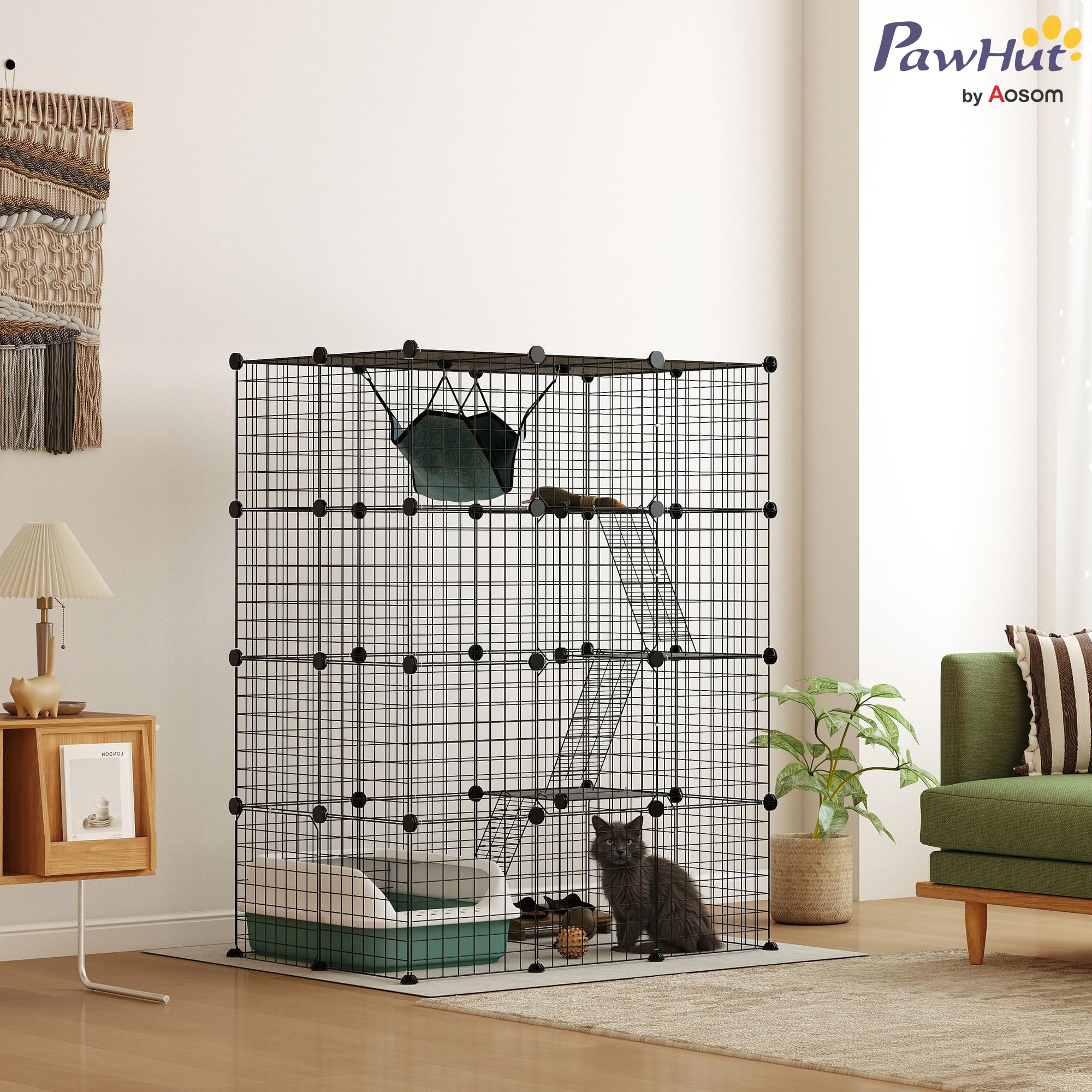 PawHut Jaula para Gatos de Interior, 4 Niveles de Alambre, con Hamaca, rampas, Puertas, Plataformas de Salto, catio Desmontable Interior para 1-3 Gatos, 105 x 70 x 140 cm, Color Negro