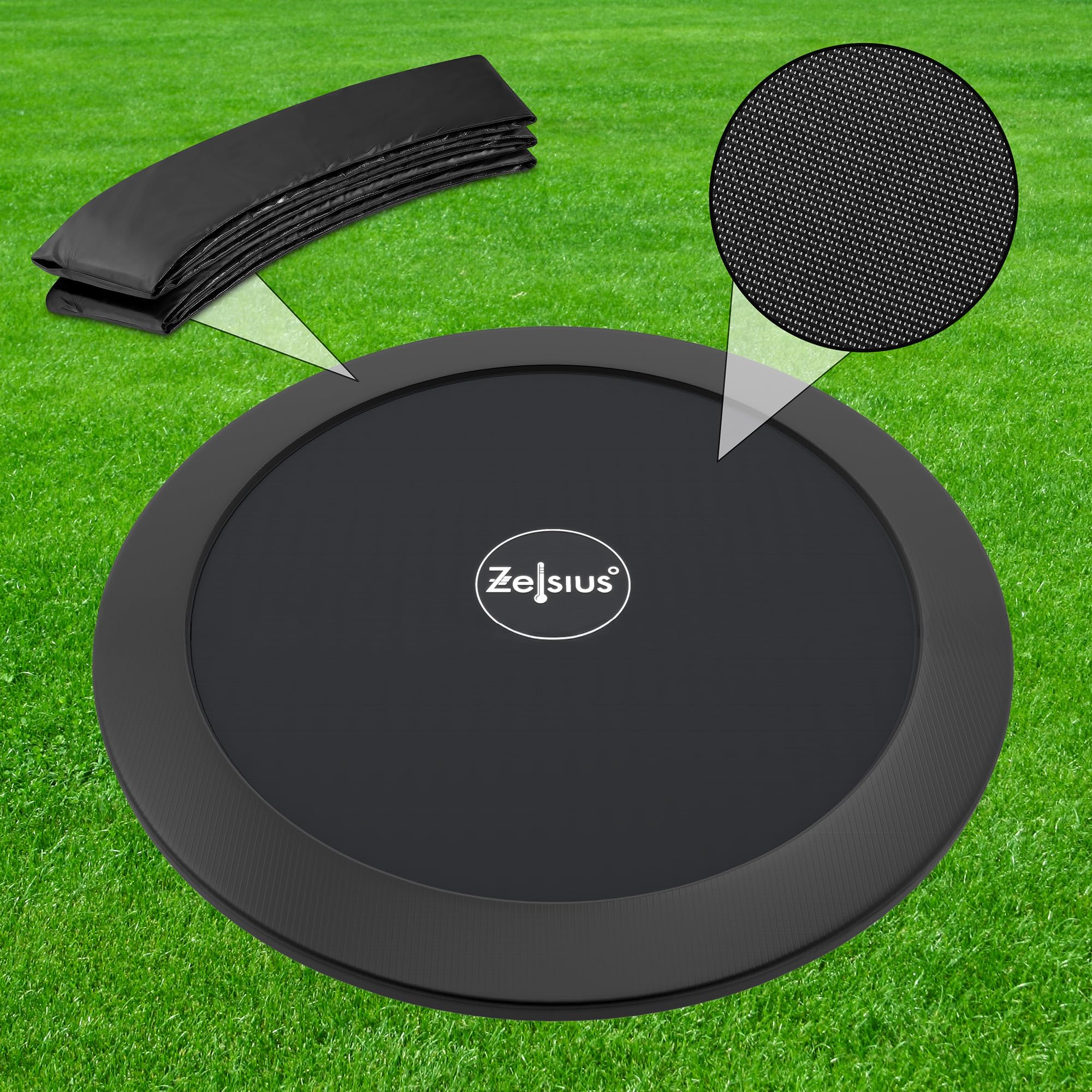 Zelsius Trampolin Schwarz für den Outdoor-Bereich | Trampolin Outdoor, Gartentrampolin mit Sicherheitsnetz, Leiter und Schuhbeutel | Trampolin für Sport und Freizeit