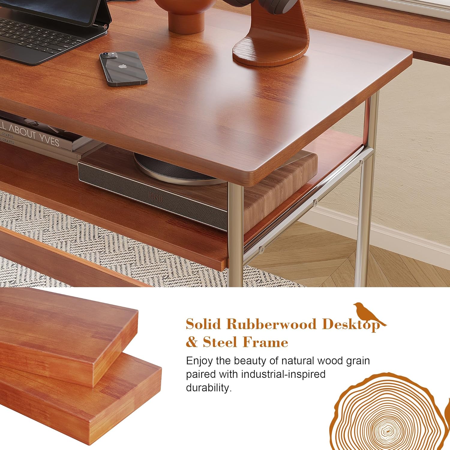 100% Solid Wood Desk, 39 Inch Writing Computer Desk for Small Spaces, Vintage Home Office Desks, Mid Century Modern Desks with Thickened Stainless Steel Legs for Study, Makeup & Workstation (Cherry)