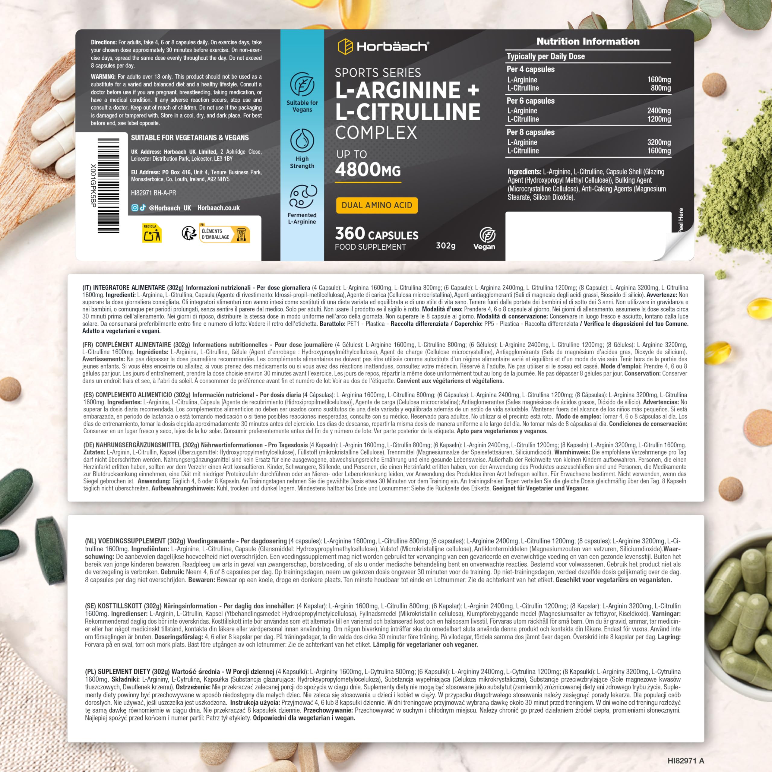 L Arginina e Citrullina 4800mg | 360 Vegano Capsules | Complesso di amminoacidi | Arginina Citrullina | Horbaach