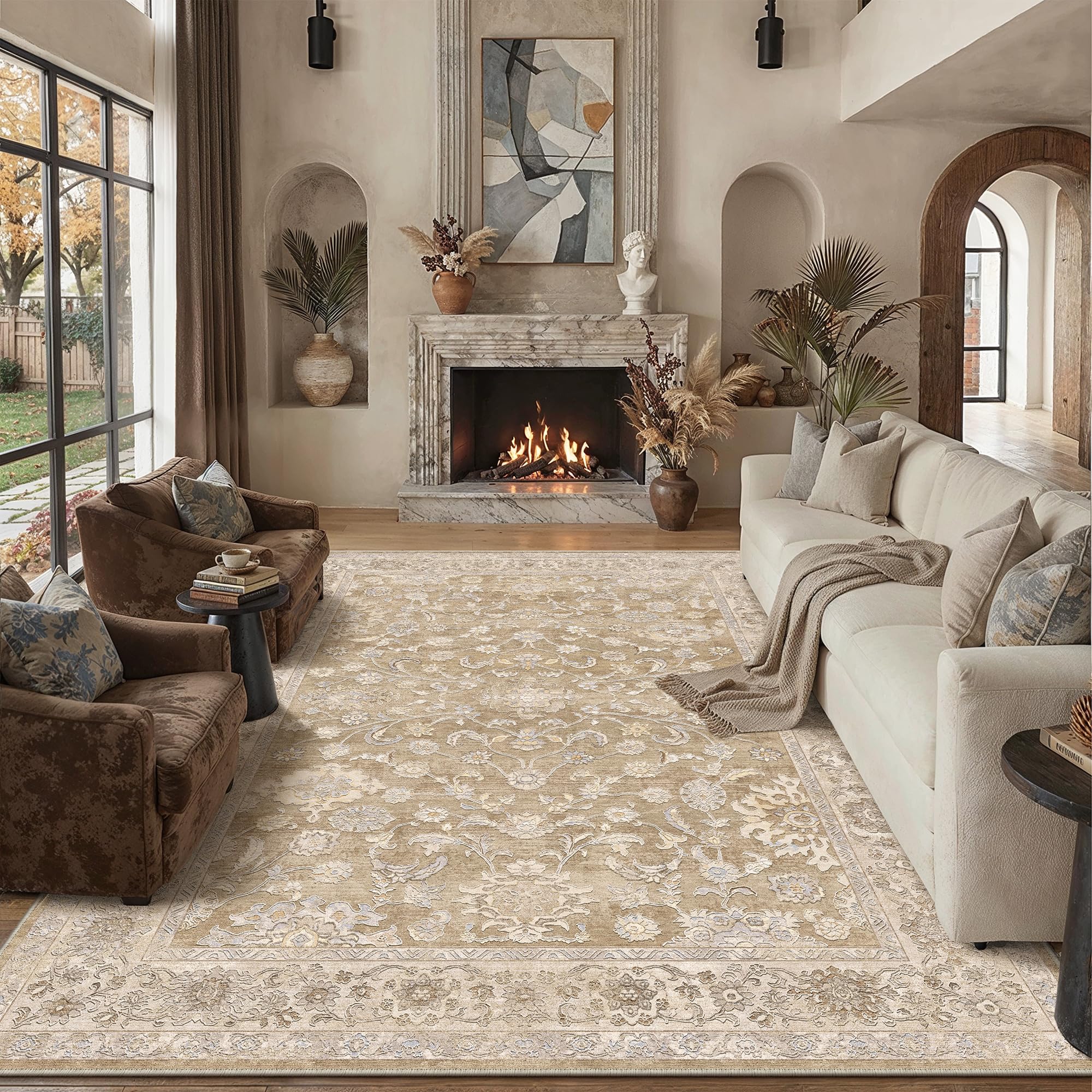 WondRg 8x10 Taupe Washable Area Rug for Living Room Bedroom Neutral Soft Floral Non Slip Large Throw Rug Lightweight Vintage Low Pile Distressed Carpet Office Playroom Dining Room Home Decor