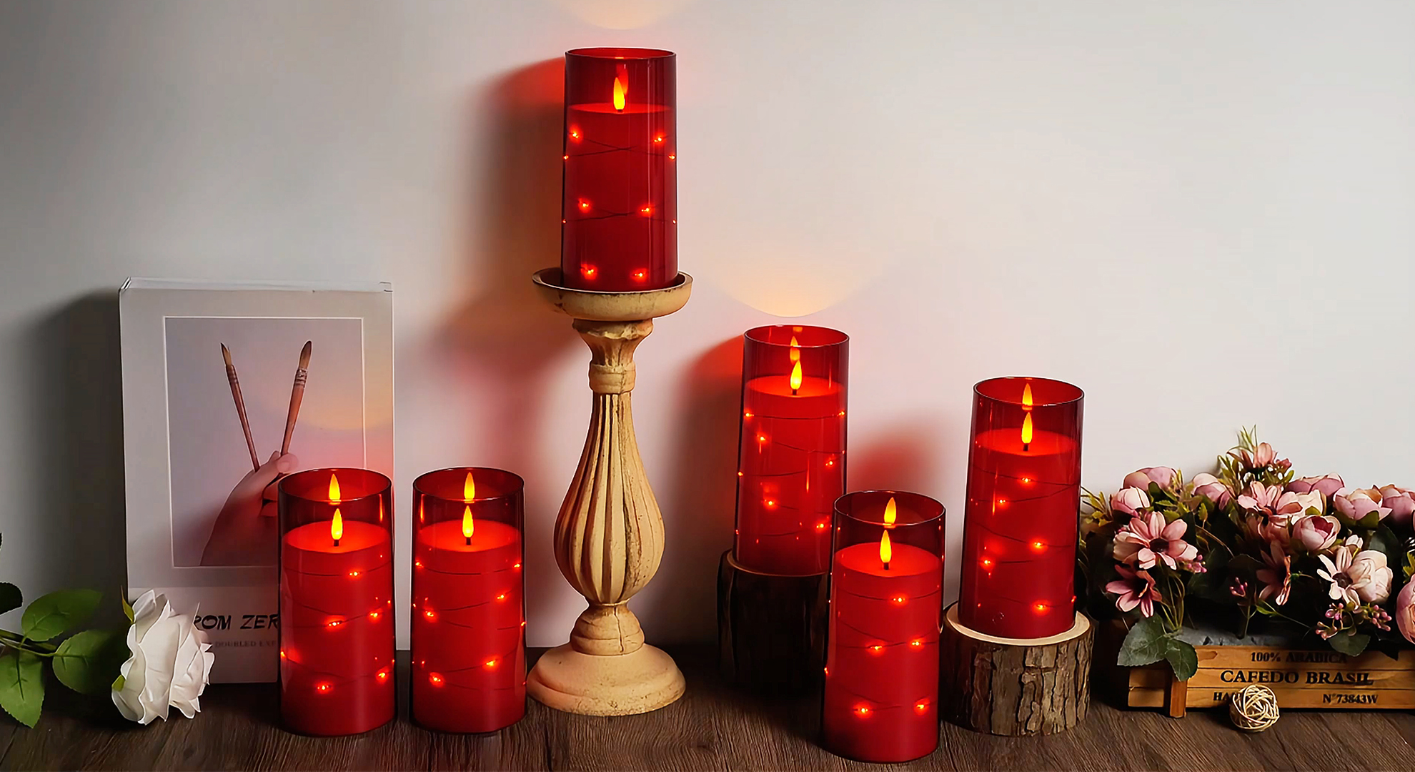 Image of Flickering Flameless Candles with Remote Timer, 6pcs LED Battery Operated Candles with Embedded String Lights Red, Same Size D3 H6