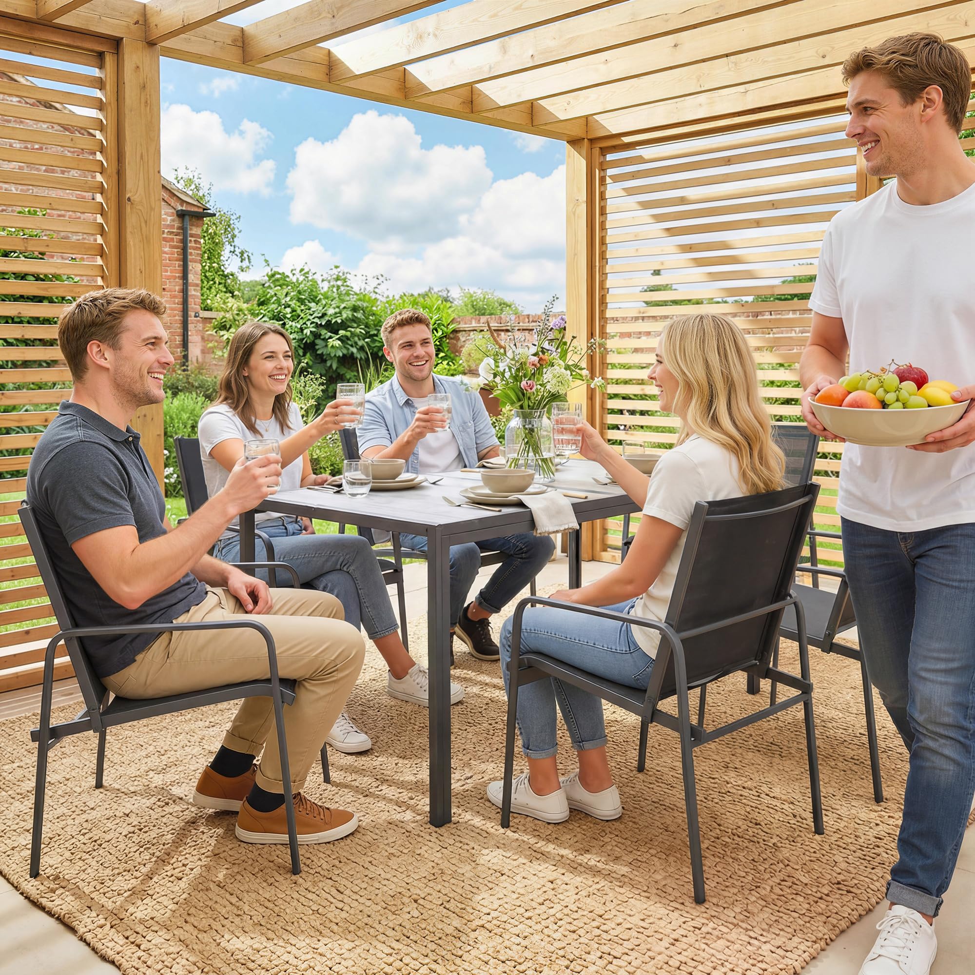 Outsunny Set Tavolo e Sedie da Giardino 7 Pezzi, Tavolo Effetto Legno, 6 Sedie in Texteline Traspirante, Acciaio Zincato, Nero