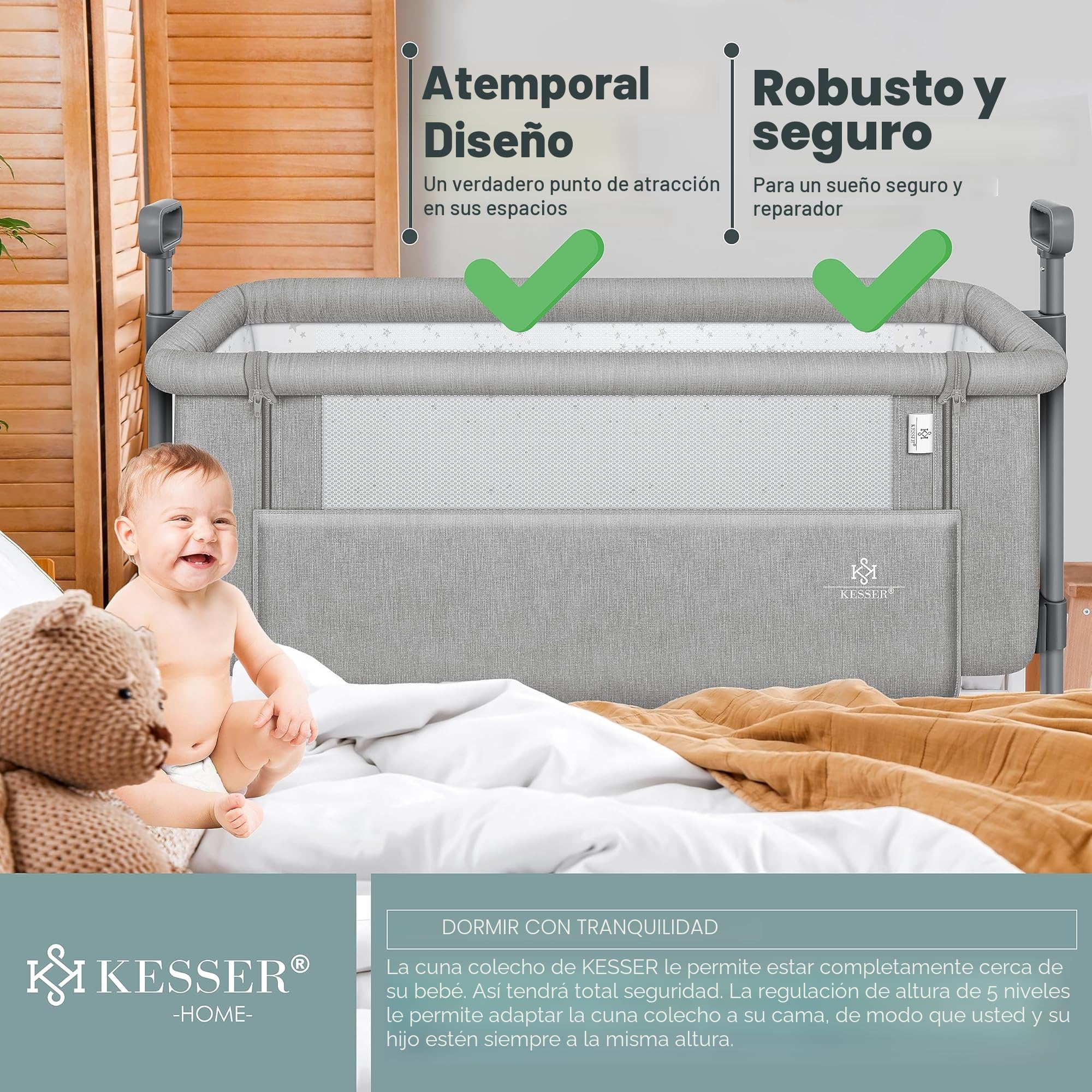 KESSER® Cama supletoria Hubi 3en1, colecho para bebé con colchón Blando, Cuna - con Ruedas, Ajuste de Altura en 5 Posiciones, Panel Lateral Plegable, para en casa y de Viaje, Gris Claro
