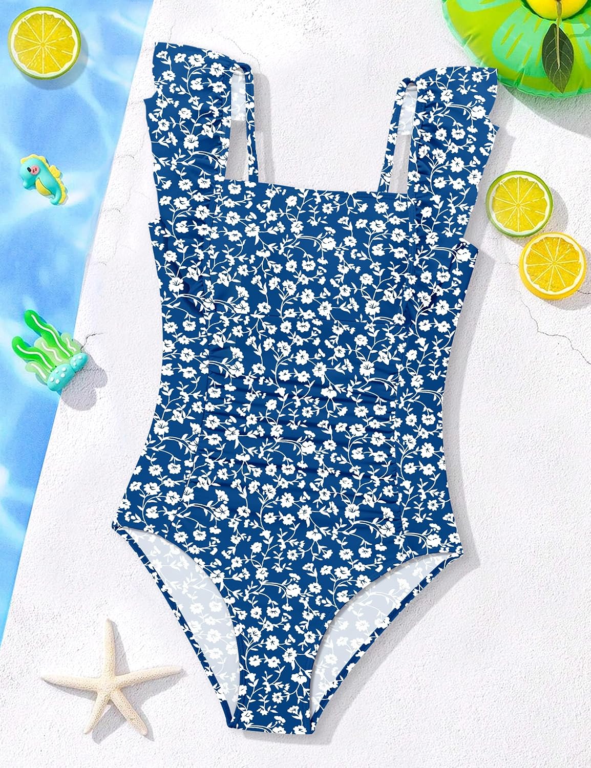 NECIOUS Girls Swimsuit Ruffle Adjustable Straps One Piece Bathing Suit Solid Color Ruched Girls' Swimwear 9-16Y