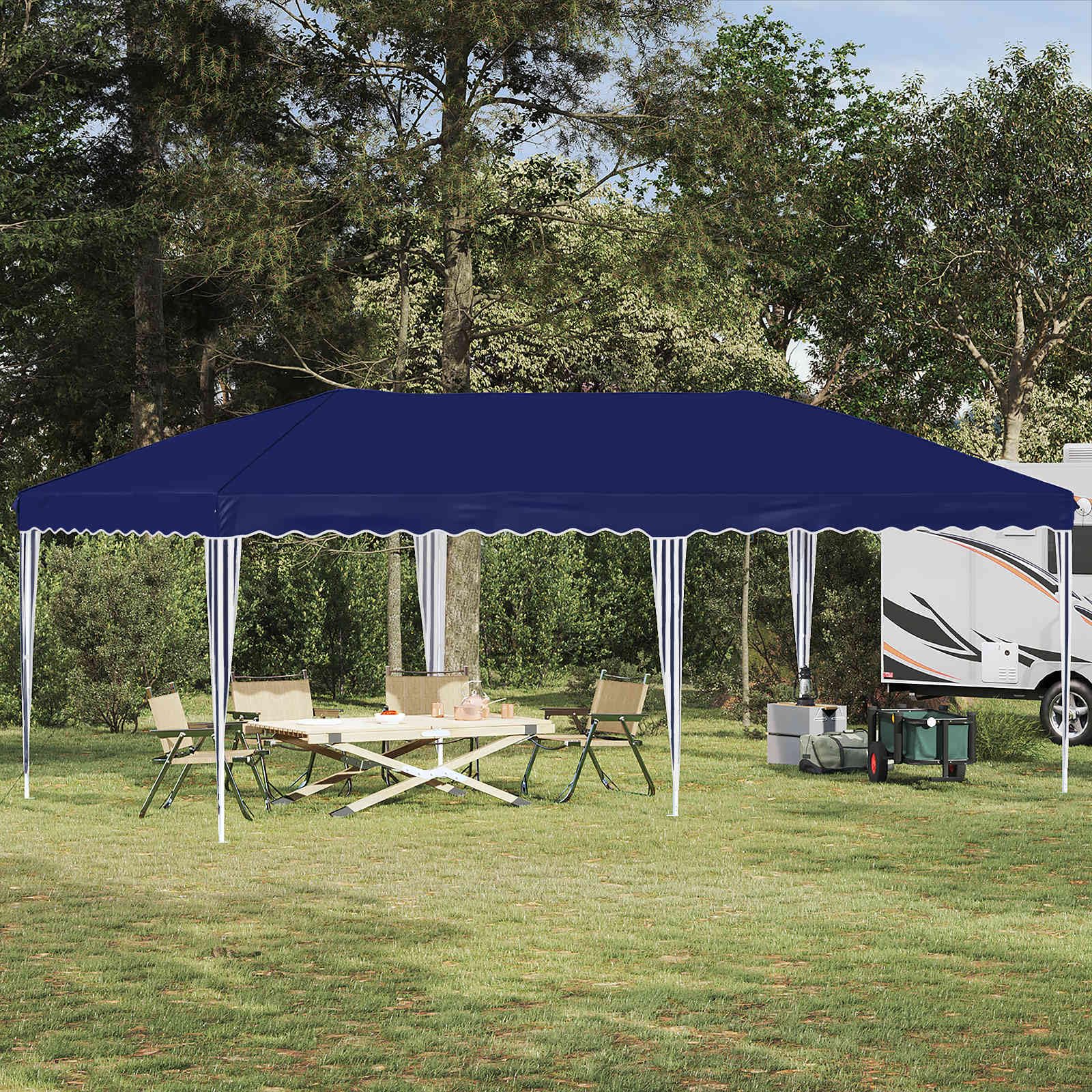 Namiot imprezowy Pop-up niebieski 575 x 290 x 245 cm, składany i składany, z malowaną proszkowo stalową ramą, odporny na warunki atmosferyczne, odporny na działanie promieni UV, idealny do