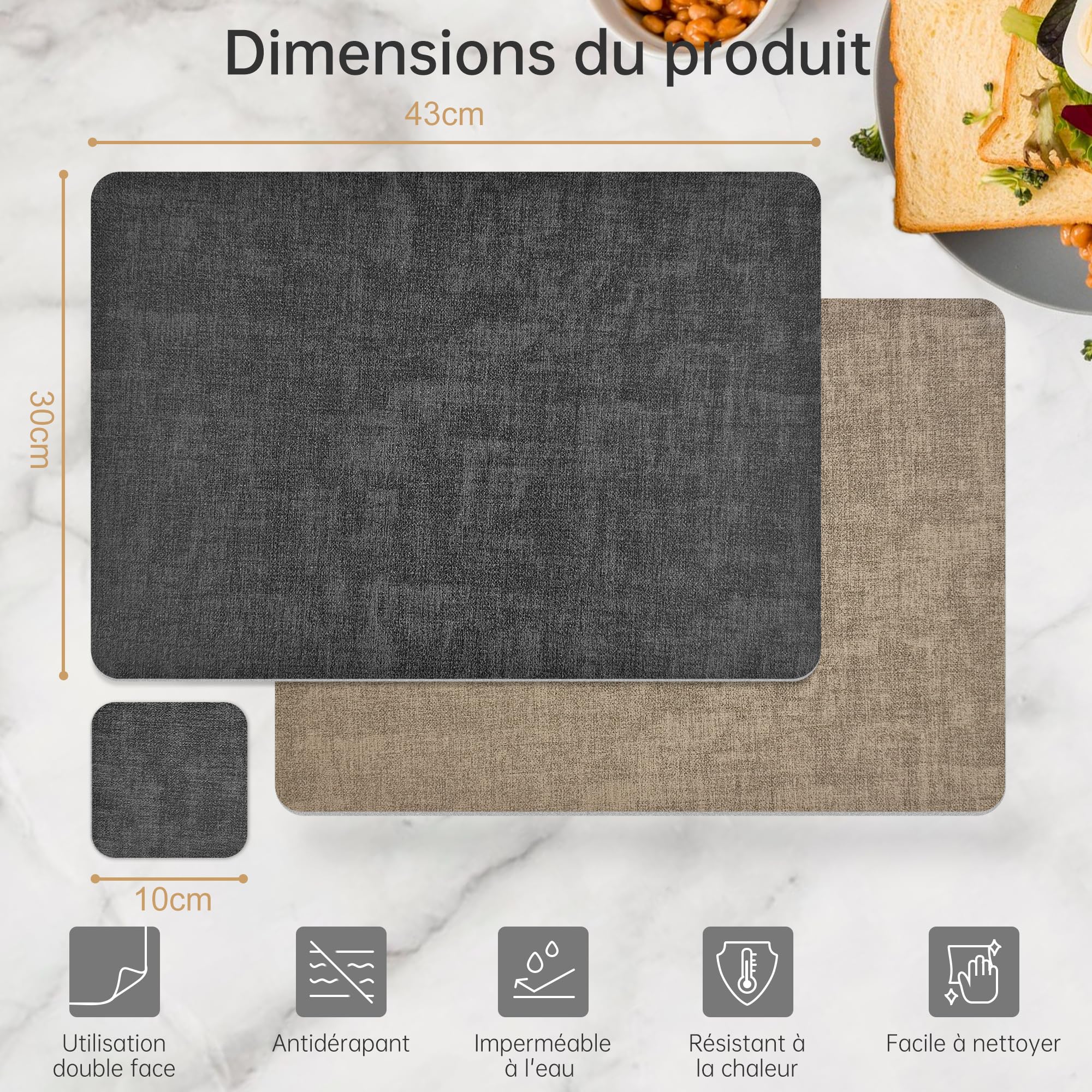 KitchenBoss Podkładki stołowe zmywalne i zestaw 6 podstawek: podkładki placemat, antypoślizgowe, odporne na wysokie temperatury, dwustronne podkładki, zmywalne, z PCW do jadalni (szare, morelowe) 43 x