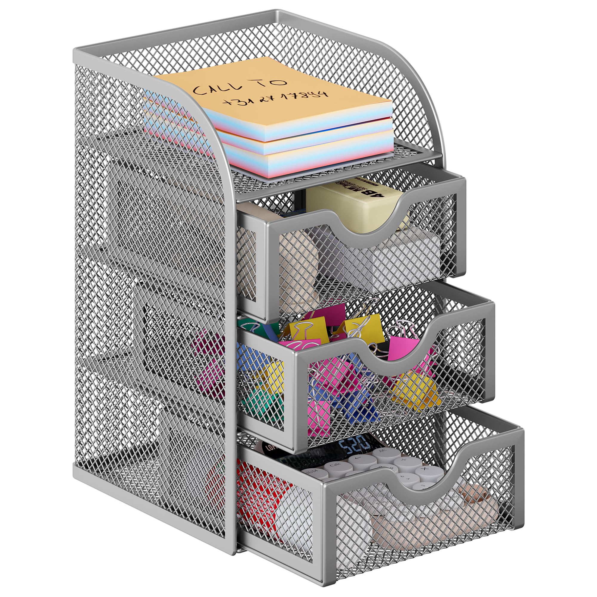 EasyPAG Mesh Desk Organizer with 3 Drawer Office Desktop Organizers and Accessories Stationery Caddy for Office, Home, Students, Silver