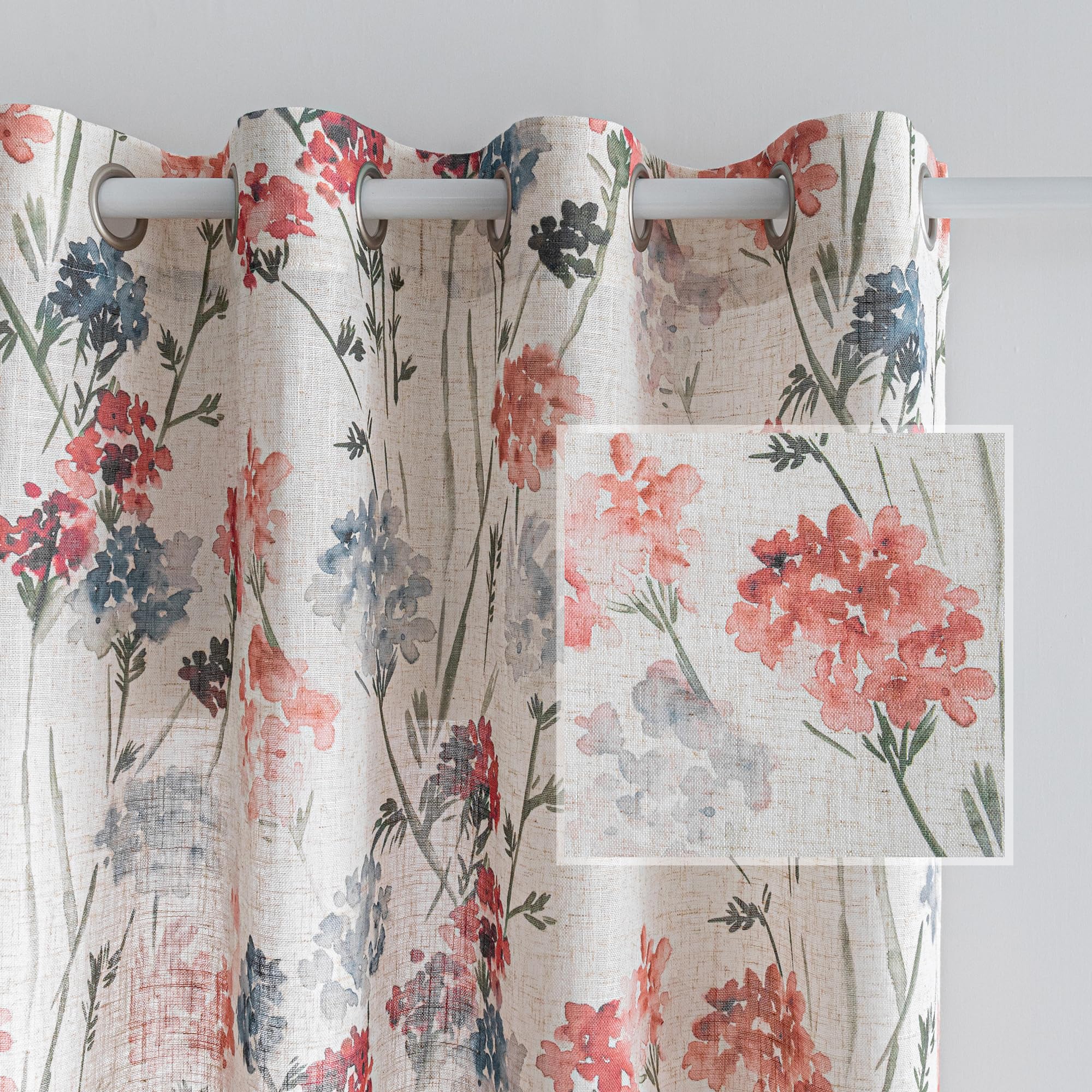 MYSKY HOME Floor to Ceiling Linen Floral Curtains 108 Inch Length 2 Panels Semi Sheer Light Filtering Farmhouse Flower Printed Window Grommet Drapes for Dining Room, 52" W Each Panel, Red