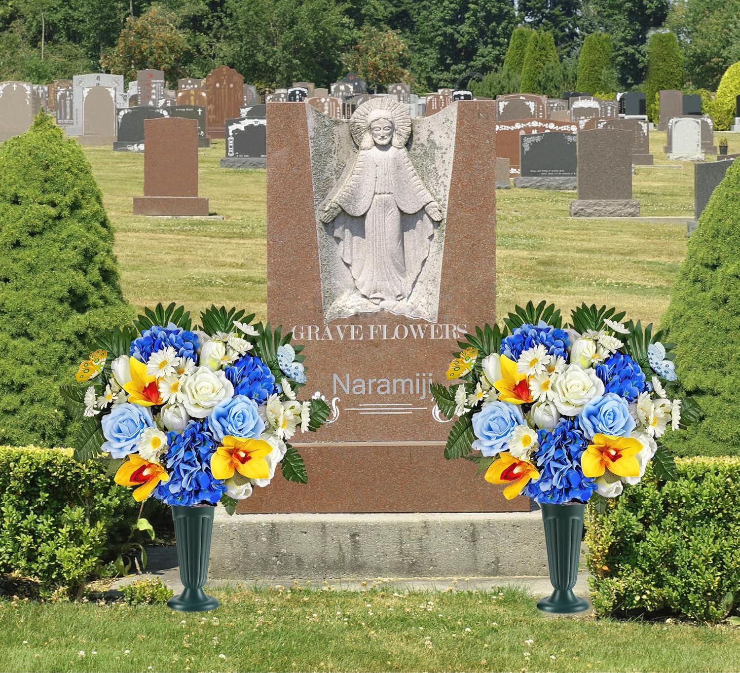 Cemetery Flowers for Grave Decoration:Sympathy and Memorial Flowers with Vase, Aritifcial Colorfast Blue Rose
