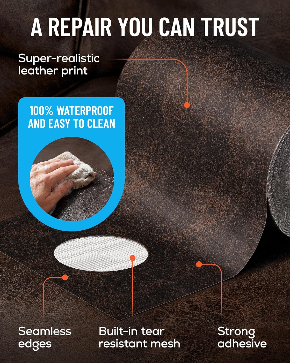 MATCH 'N PATCH Leather Repair Tape - Dark Brown (4.50 inch x 30 feet) - Realistic Leather Patches for Couch, Sofa, Upholstery, Car Seats & Other Furniture, Vinyl Repair Kit, Self Adhesive Patch