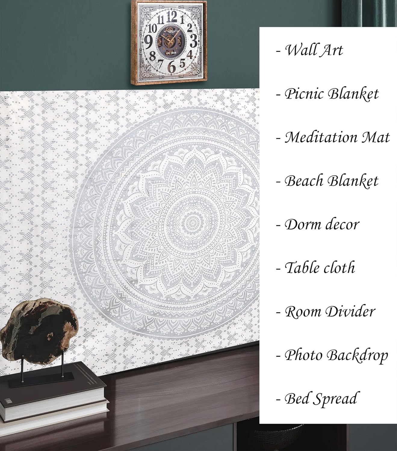 FURNISHFUL FINESSE Mandala Tapestry Indian Aesthetic Wall Tapestries for Bedroom Psychedelic Ombre Wall Decor Boho Bohemian Wall Art & Home Dorm Decorative - White Silver - 90x108 Inches